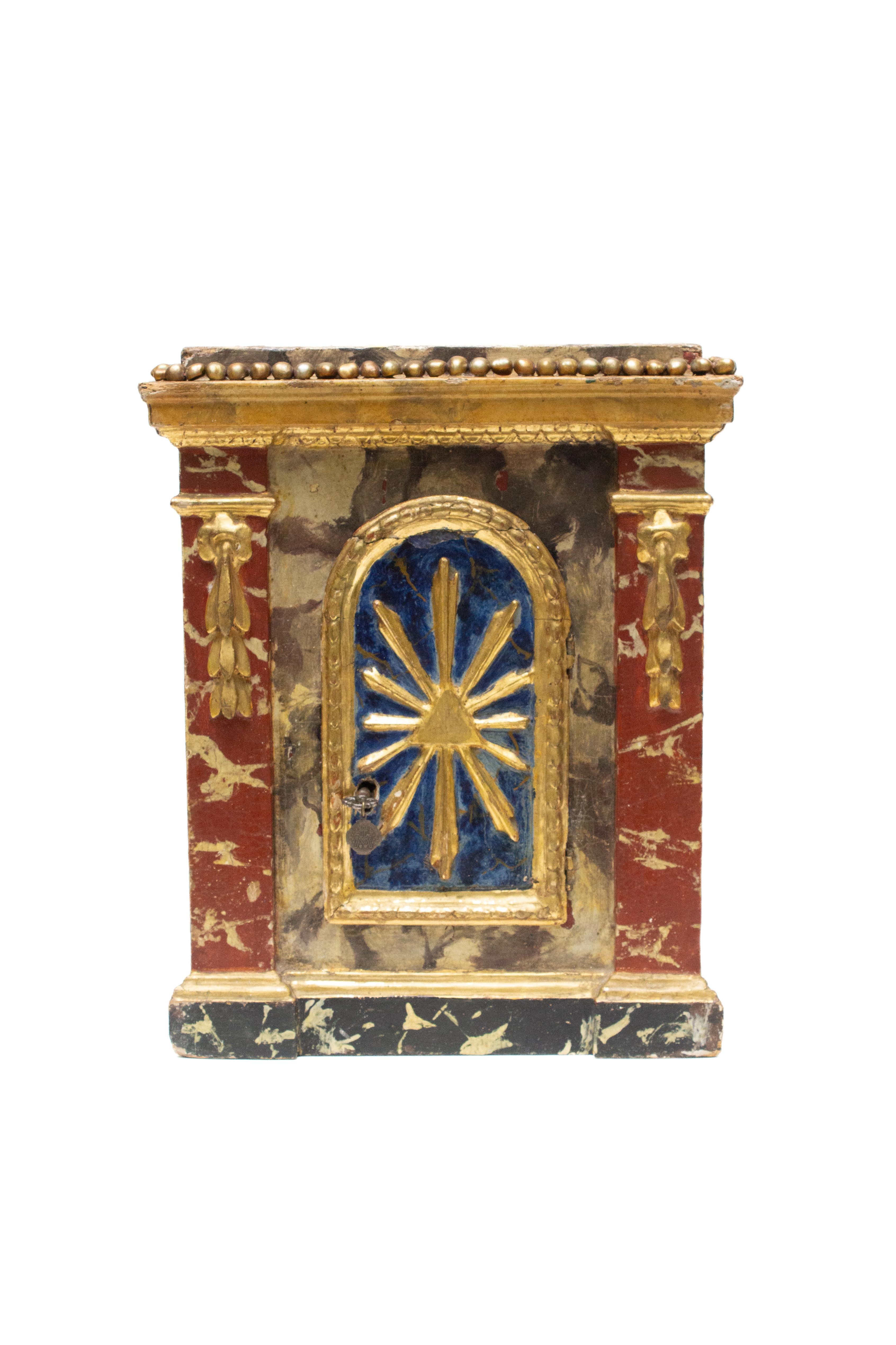 18th century Italian tabernacle with baroque pearls from Venice. It is hand-painted and carved with with gilded details and a painted marble effect. There is a gold leaf sunburst on the tabernacle door with the original key which has an image of