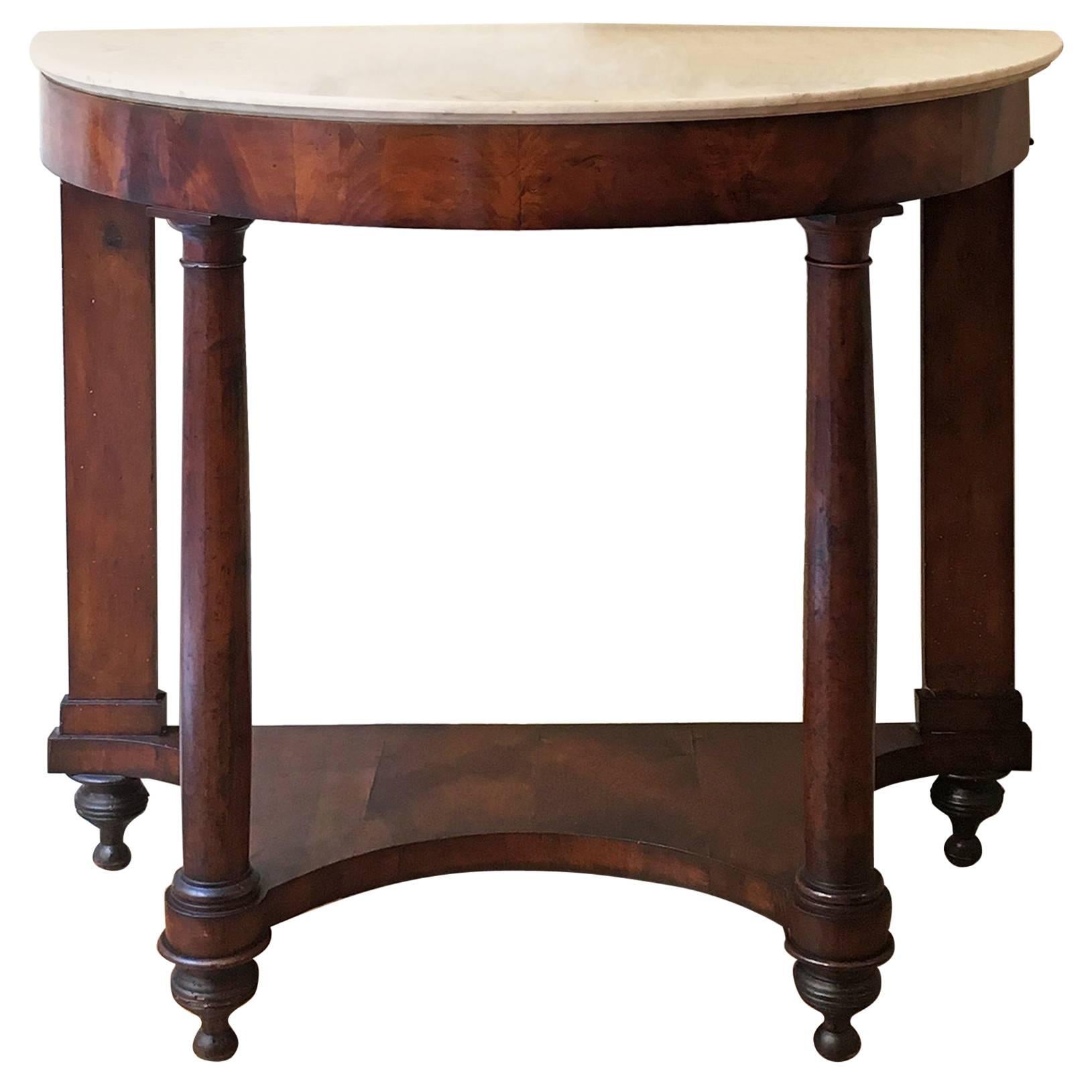 18th Century Italian Empire Console Table in Walnut Briar Root with Marble Top