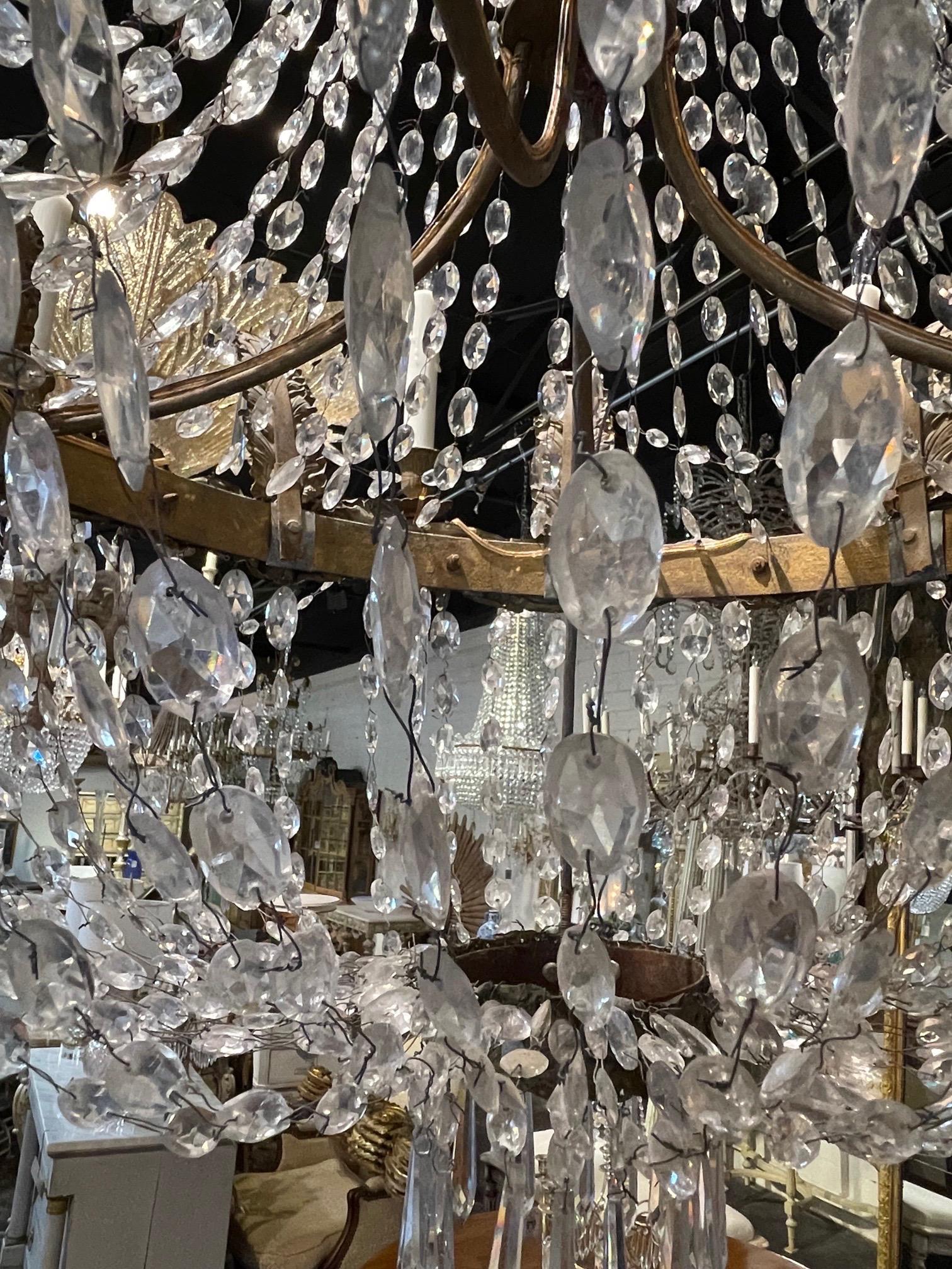 18th Century Italian Empire Crystal and Gilt Tole Basket Style Chandelier In Good Condition In Dallas, TX
