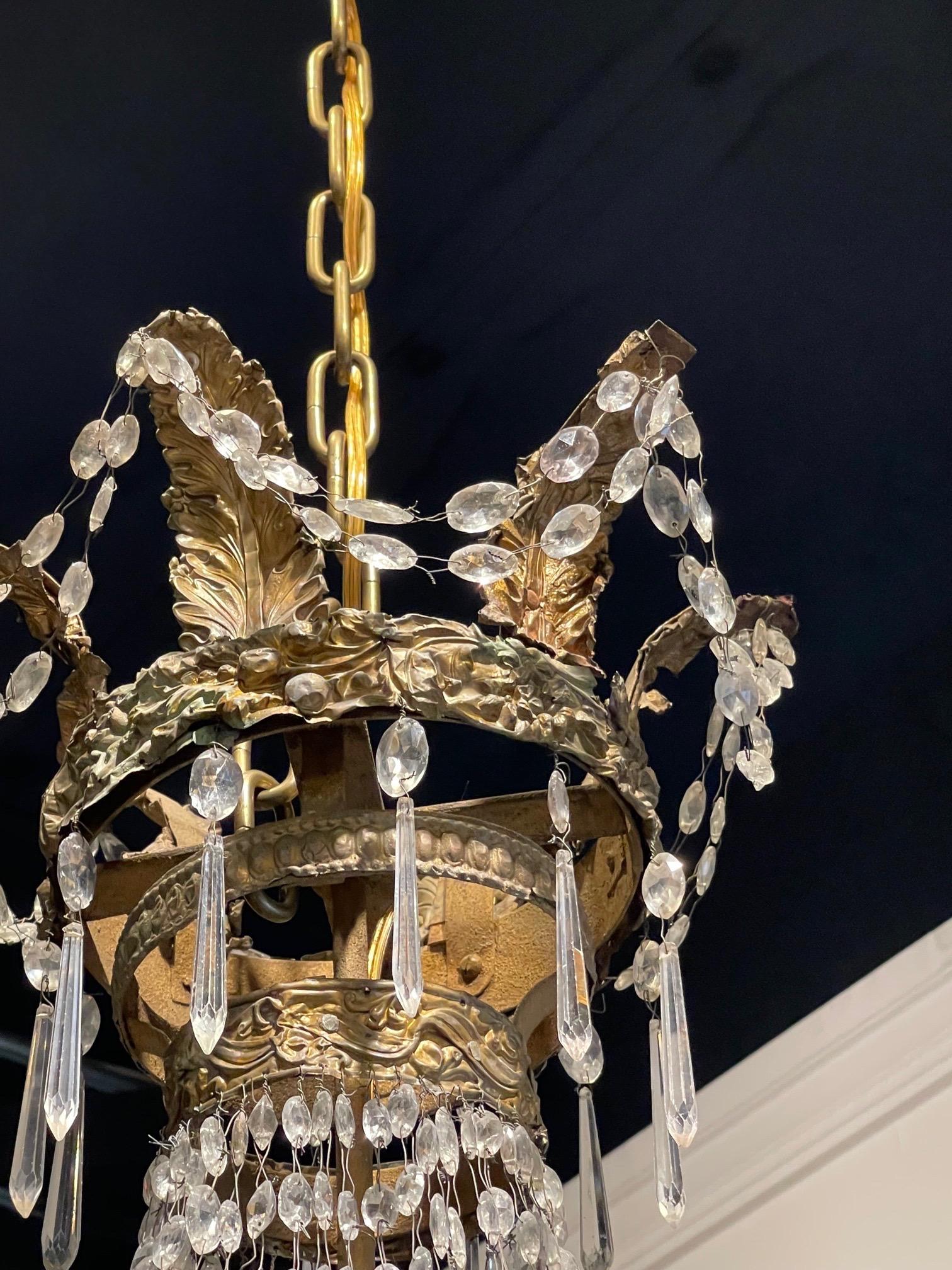 18th Century Italian Empire Crystal and Gilt Tole Basket Style Chandelier 1