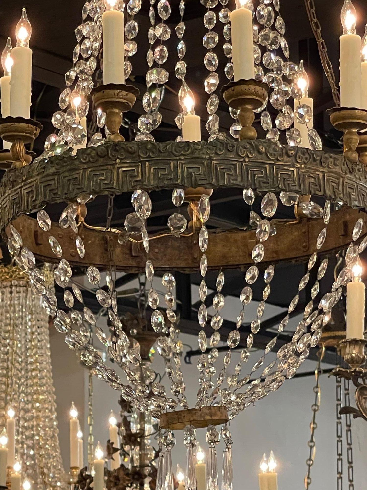 18th Century Italian Empire Style Repousse and Crystal Basket Chandelier For Sale 1