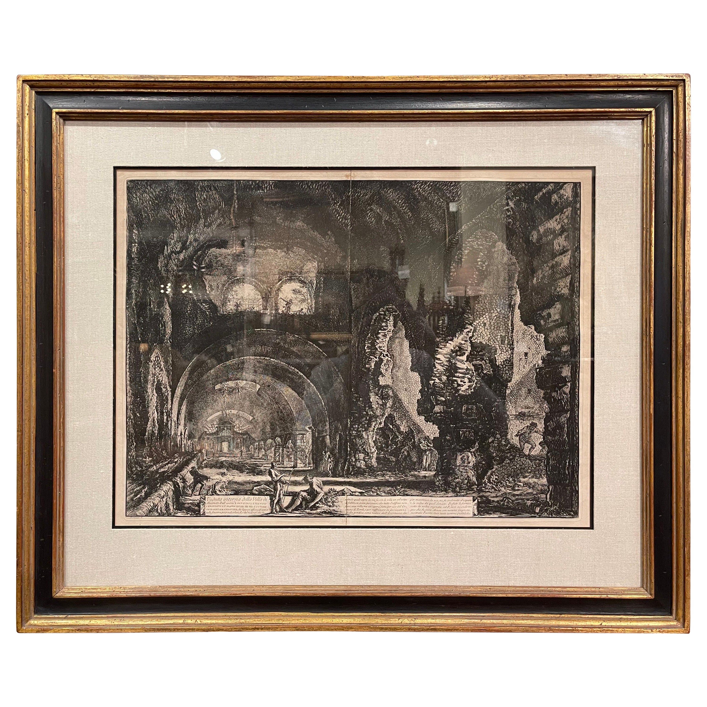 Gravure italienne néoclassique du XVIIIe siècle sur la Villa de Mécène, en noir et blanc