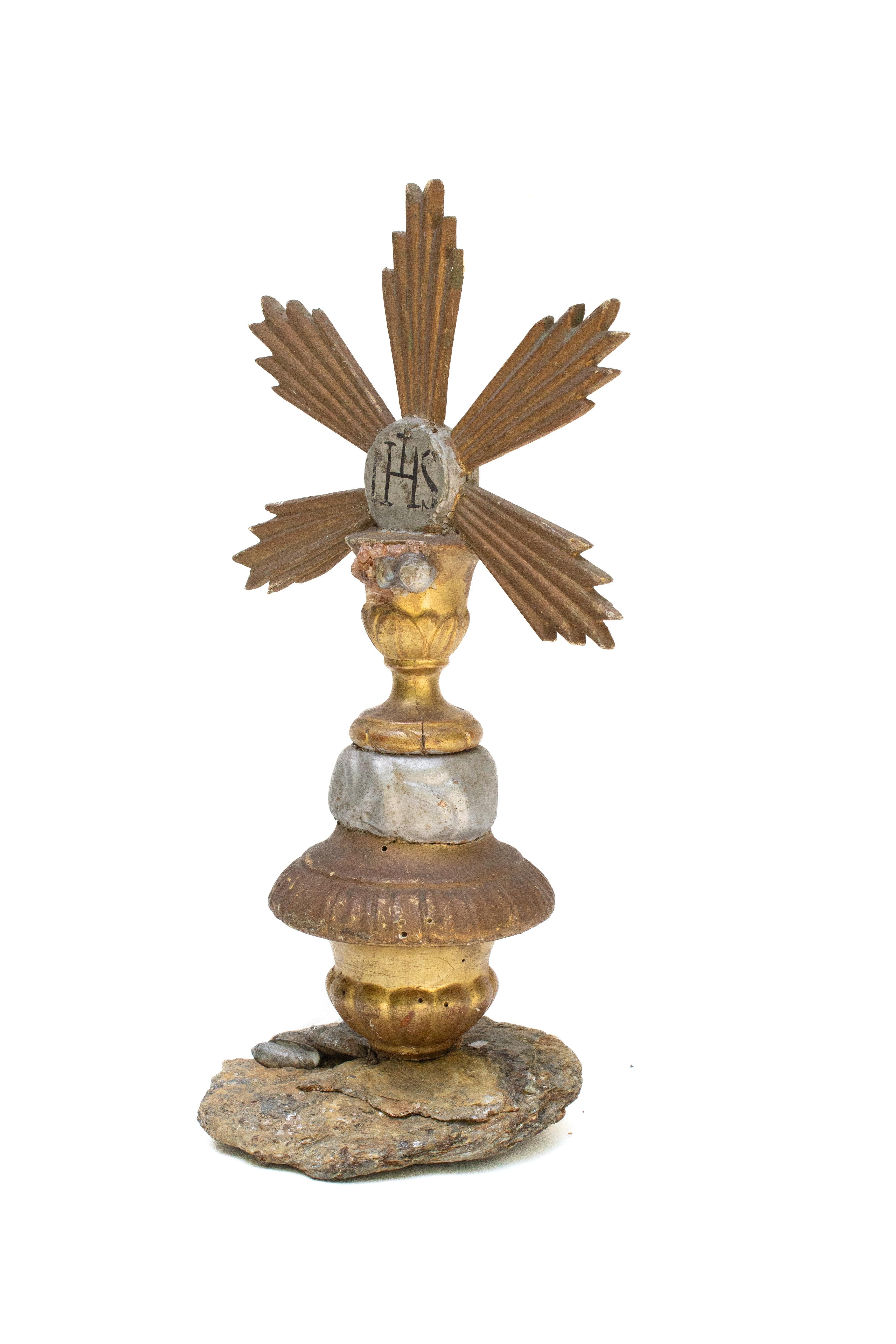 Hand-Carved 18th Century Italian Eucharist Emblem Fragment Mounted on Mica with Garnet For Sale