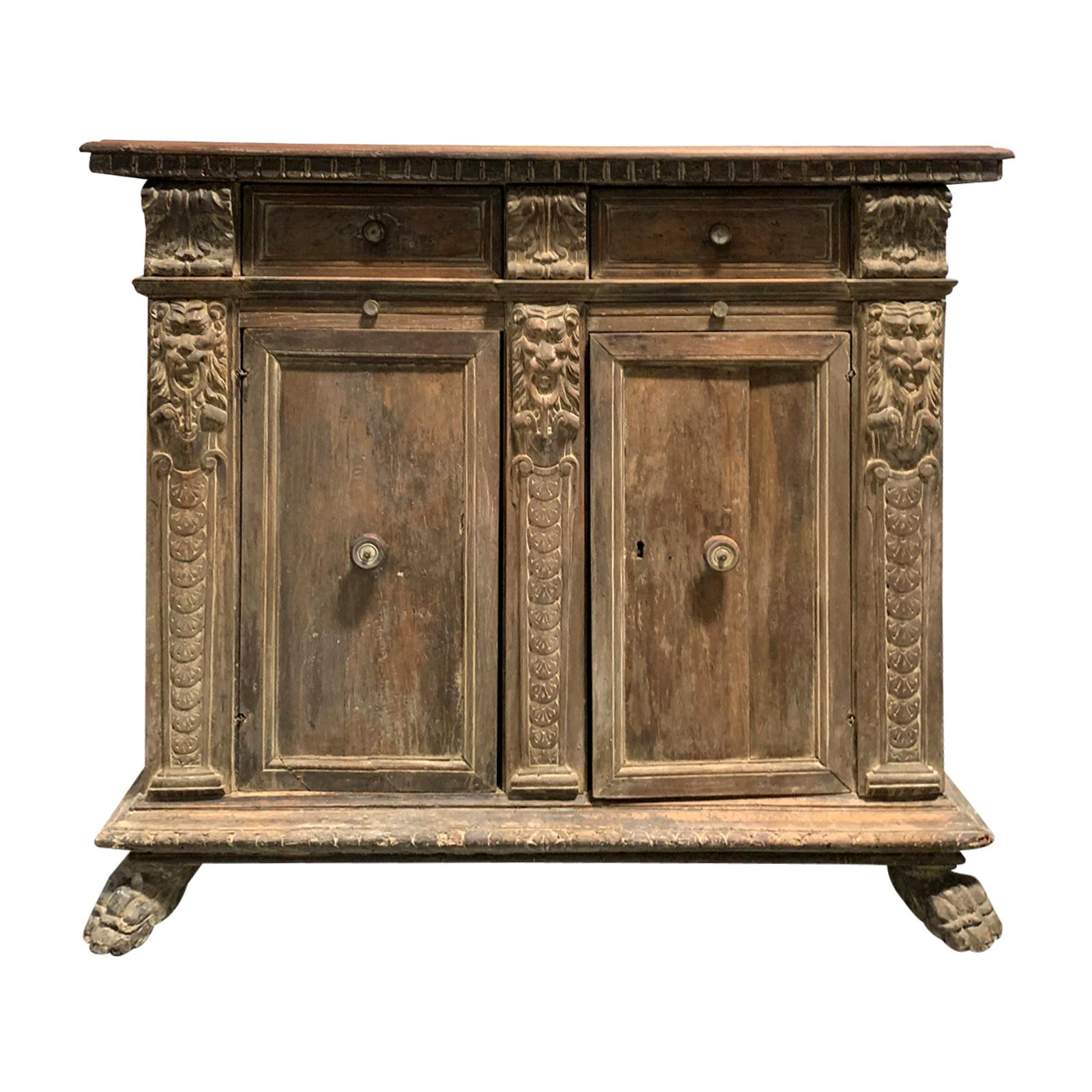 18th Century Italian Finely-Carved Credenza, Two Drawers, Two Slides, Two Doors