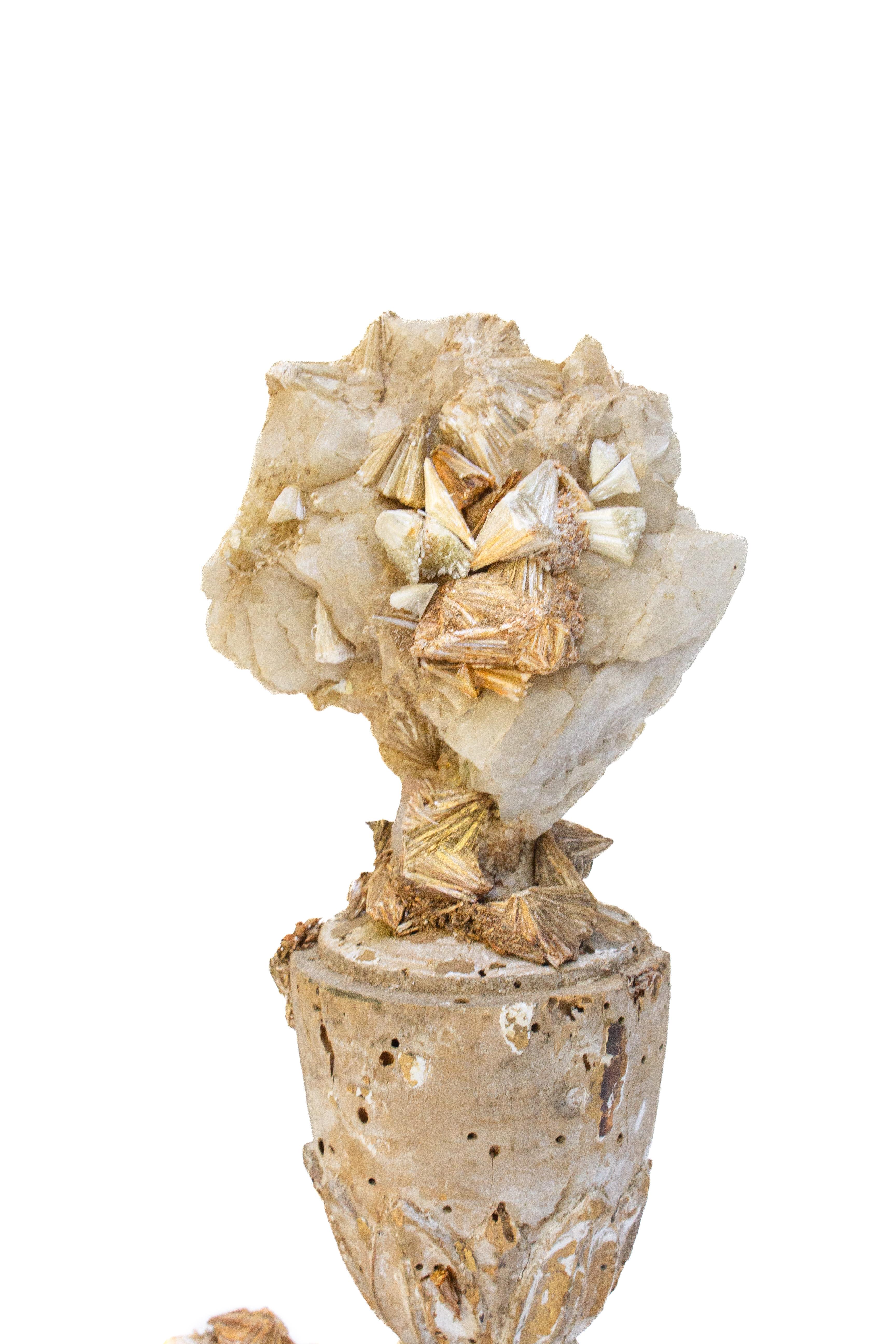 18th century Italian base mounted with pyrophyllite in a crystal quartz matrix on a pyrophyllite and quartz base.

This fragment is from a church in Florence, Italy. It was found and saved from the historic flooding of the Arno River in 1966. The