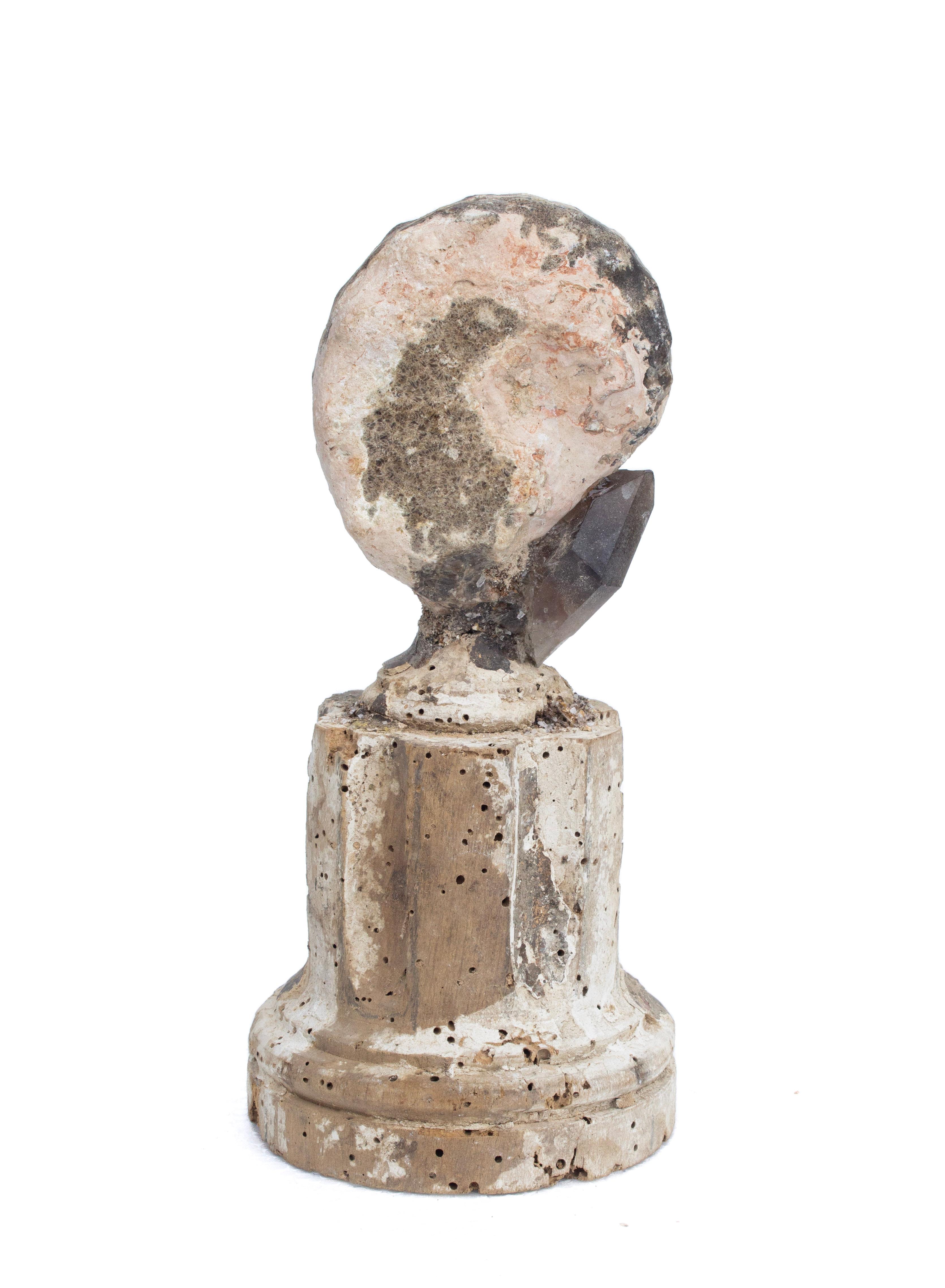 18th Century Italian 'Florence Fragment' with Smokey Crystal Quartz and Ammonite In Distressed Condition For Sale In Dublin, Dalkey