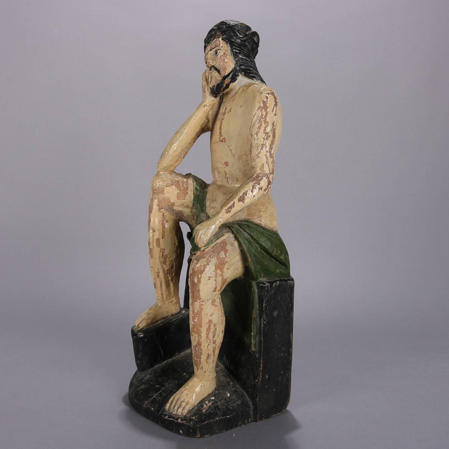 18th century Italian Folk Art portrait Santos religious Icon sculpture features polychromed wood carving of seated and pensive Jesus Christ.

Measures: 19.75