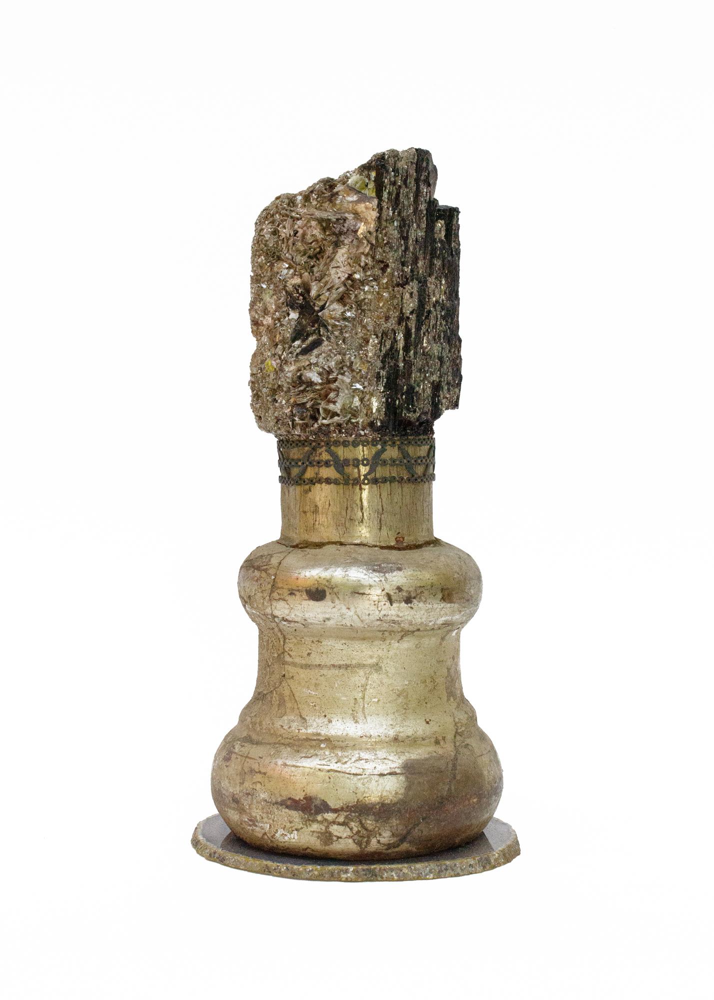 Sculptural 18th century Italian candlestick base with natural-forming mica and tourmaline. The gilded fragment base was originally part of a candlestick in a historical Italian church in Italy. The piece is accented with an 18th century French metal
