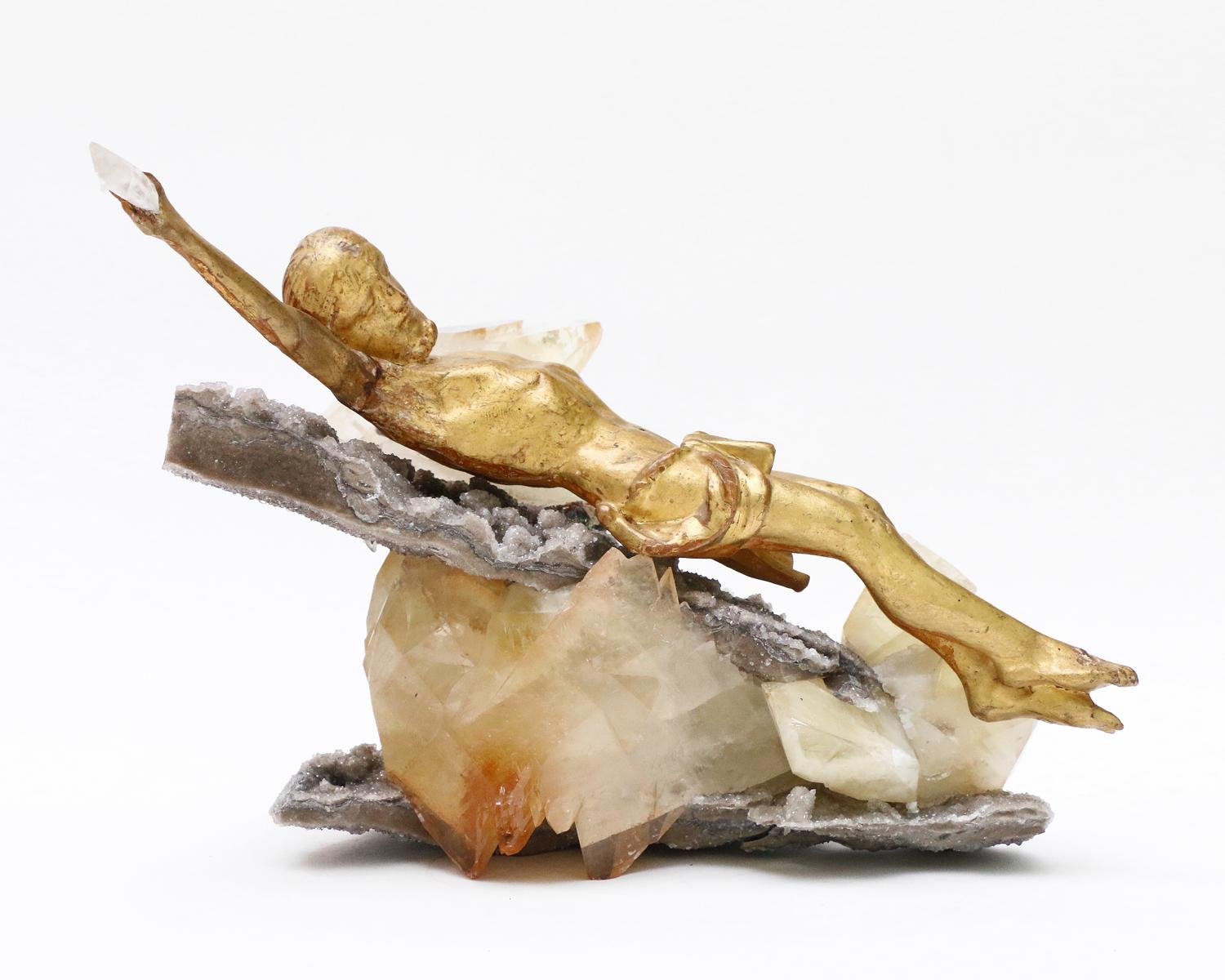 Modern Sculptural 18th Century Italian Gold Leaf Figure of Christ on a Calcite Cluster For Sale
