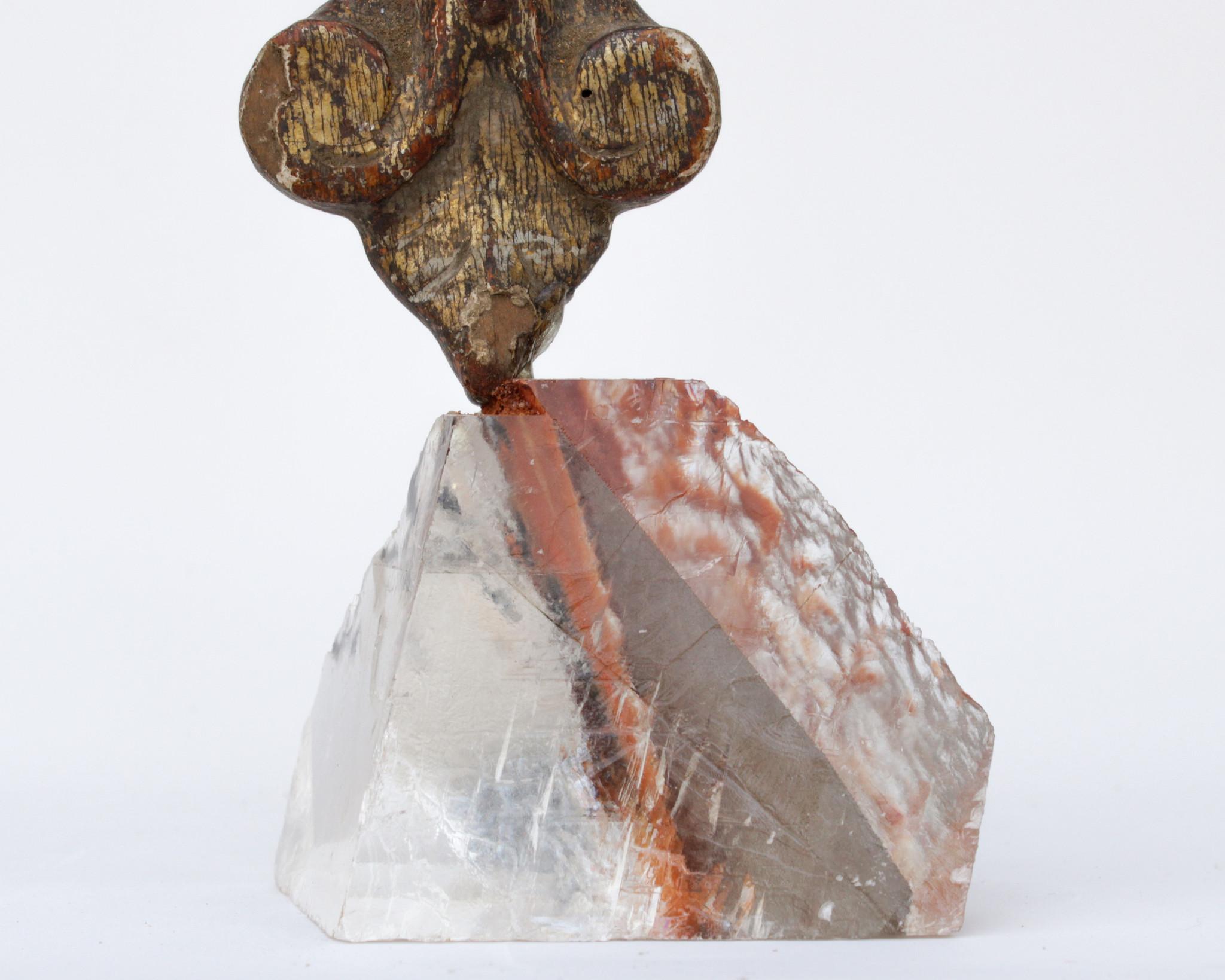 Hand-Carved 18th Century Italian Fragment with Baroque Pearls on Optical Calcite For Sale