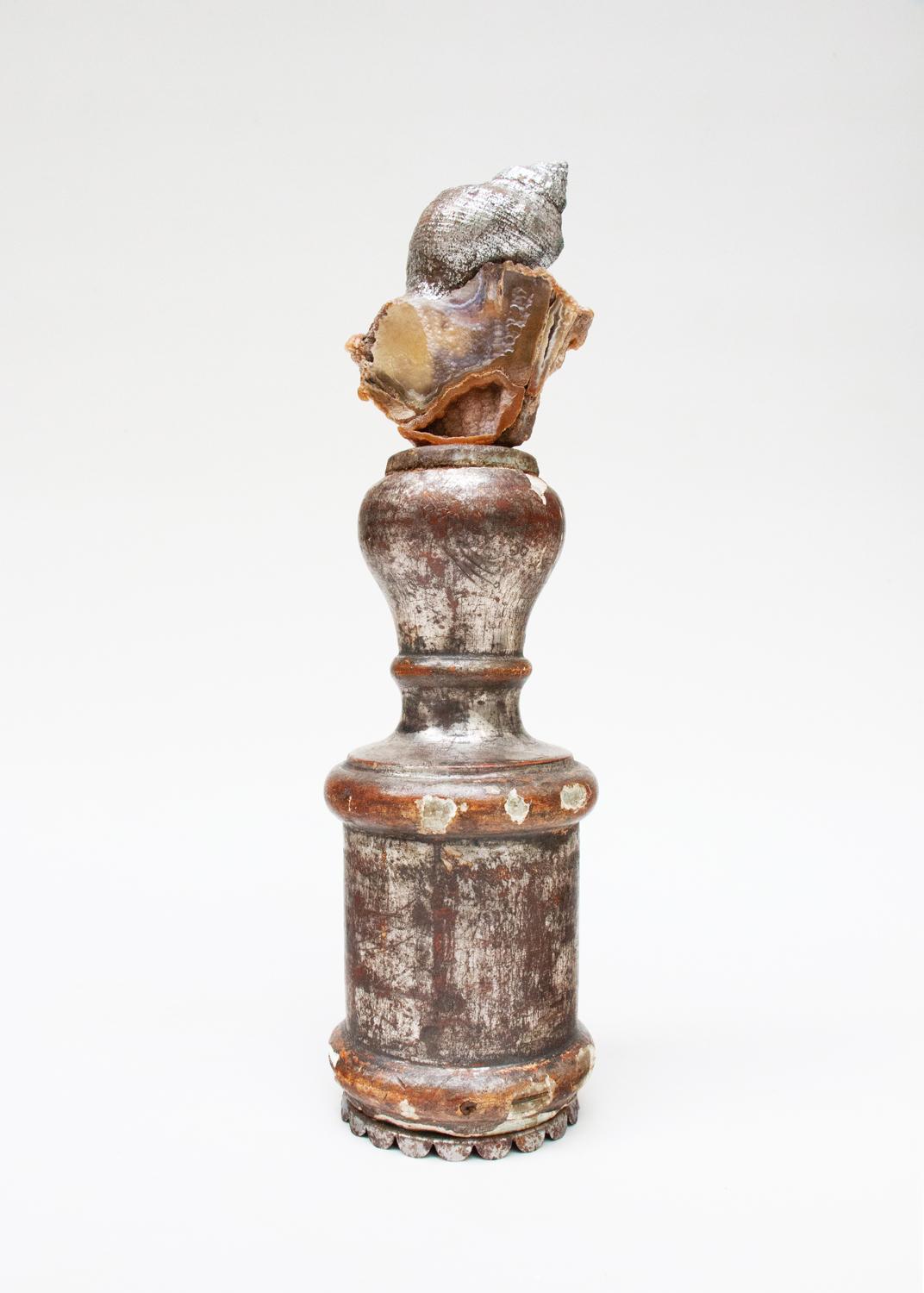 Sculptural 18th century Italian candlestick top fragment with polished agate coral and a coordinating silver-leaf shell. 

The hand-carved, 18th century silver candlestick top originally came from a candlestick from a church in Tuscany. It is