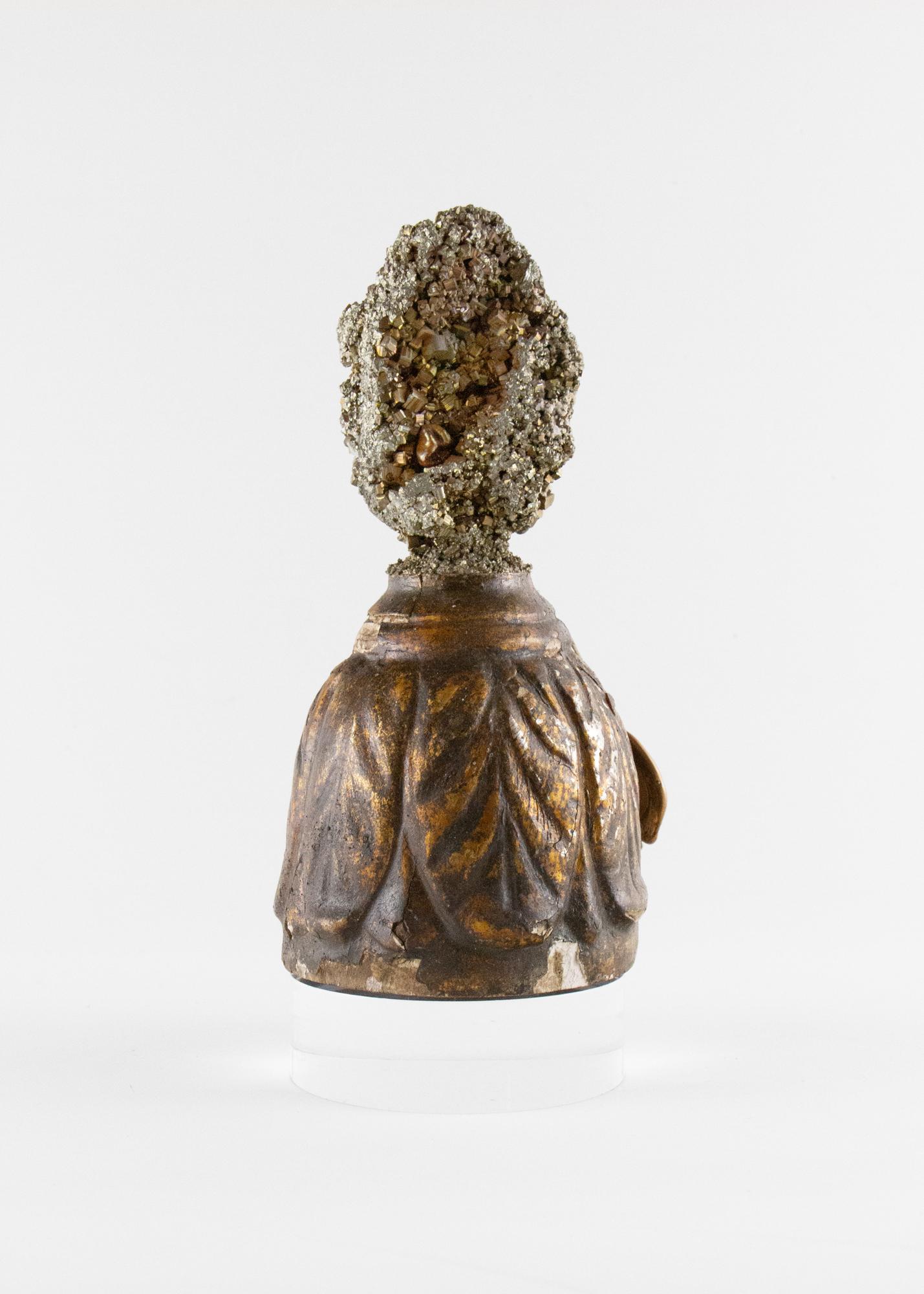 Sculptural 18th century Italian fragment base with coordinating pyrite and a baroque pearl on a lucite base. The fragment was originally part of a hand-carved piece in a historical Italian church in Italy. It is paired with pyrite, adorned with a
