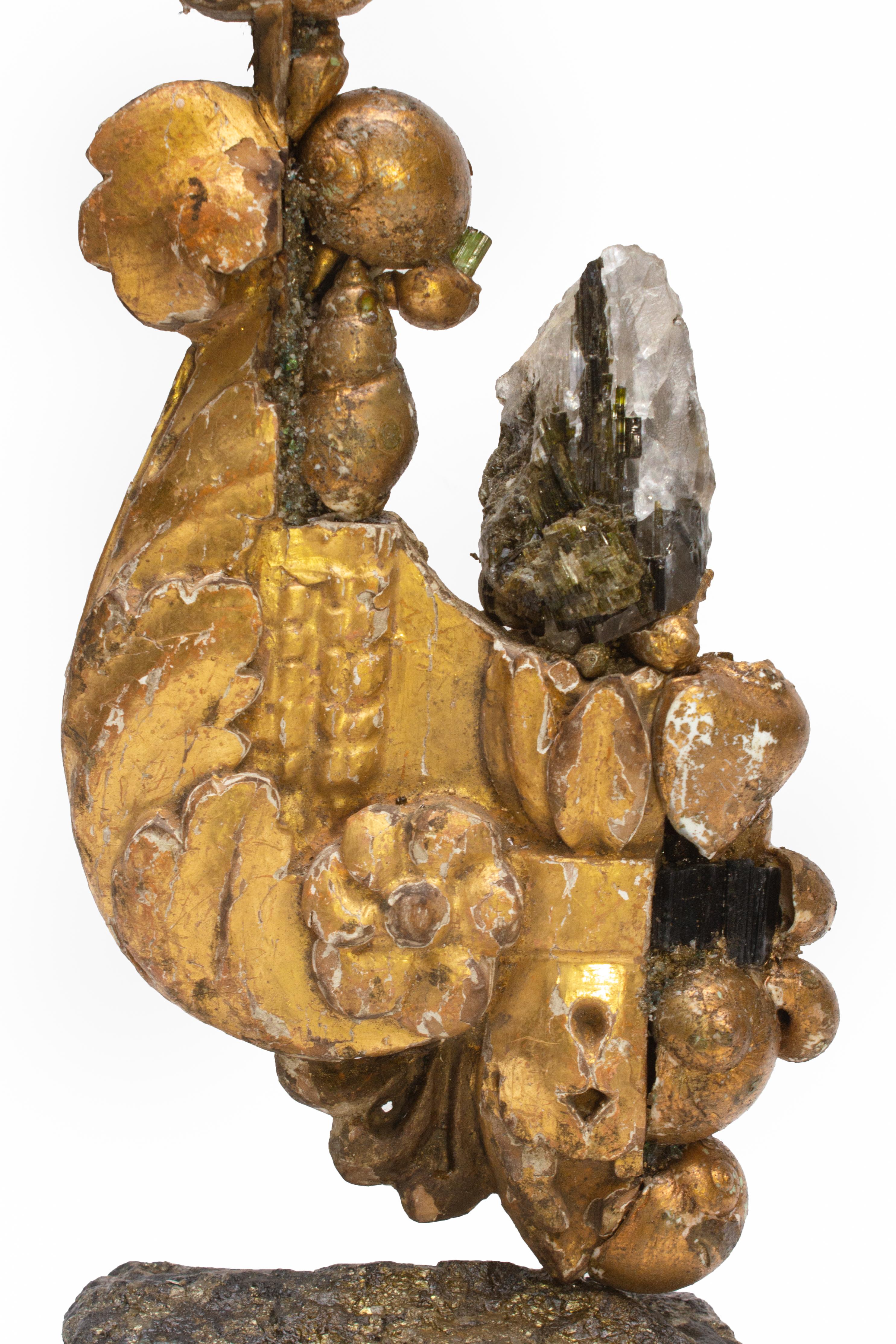 Rococo 18th Century Italian Fragment with Tourmaline and Gold Leaf Shells on Pyrite