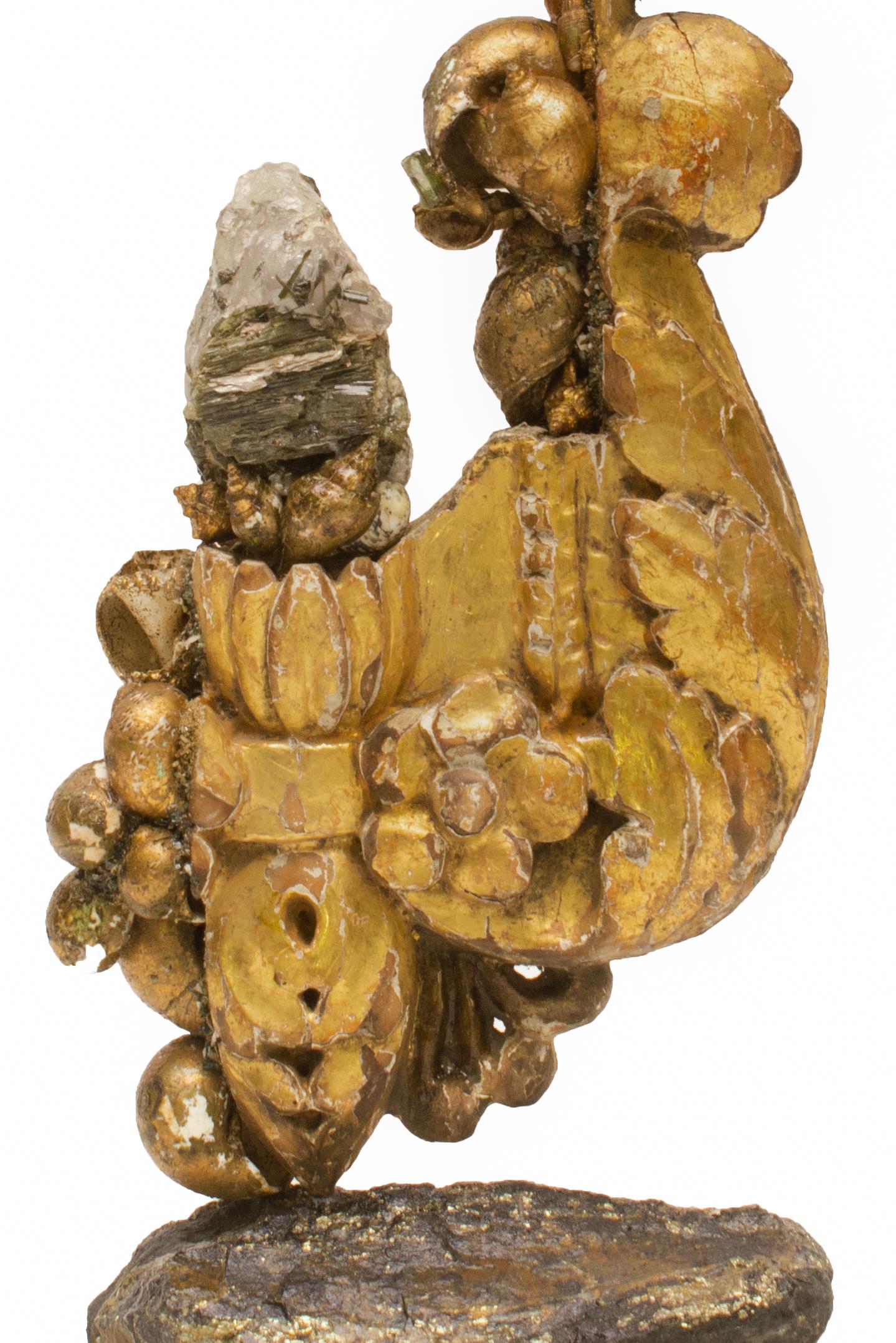 18th Century and Earlier 18th Century Italian Fragment with Tourmaline and Gold Leaf Shells on Pyrite