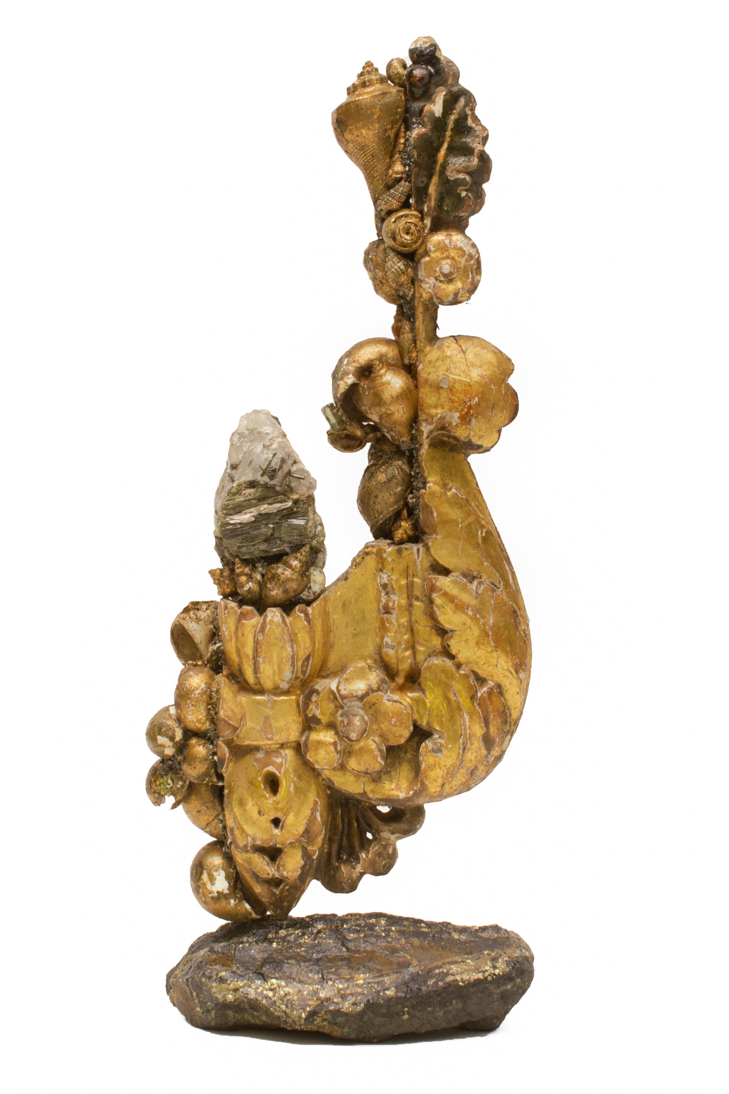 18th Century Italian Fragment with Tourmaline and Gold Leaf Shells on Pyrite 1