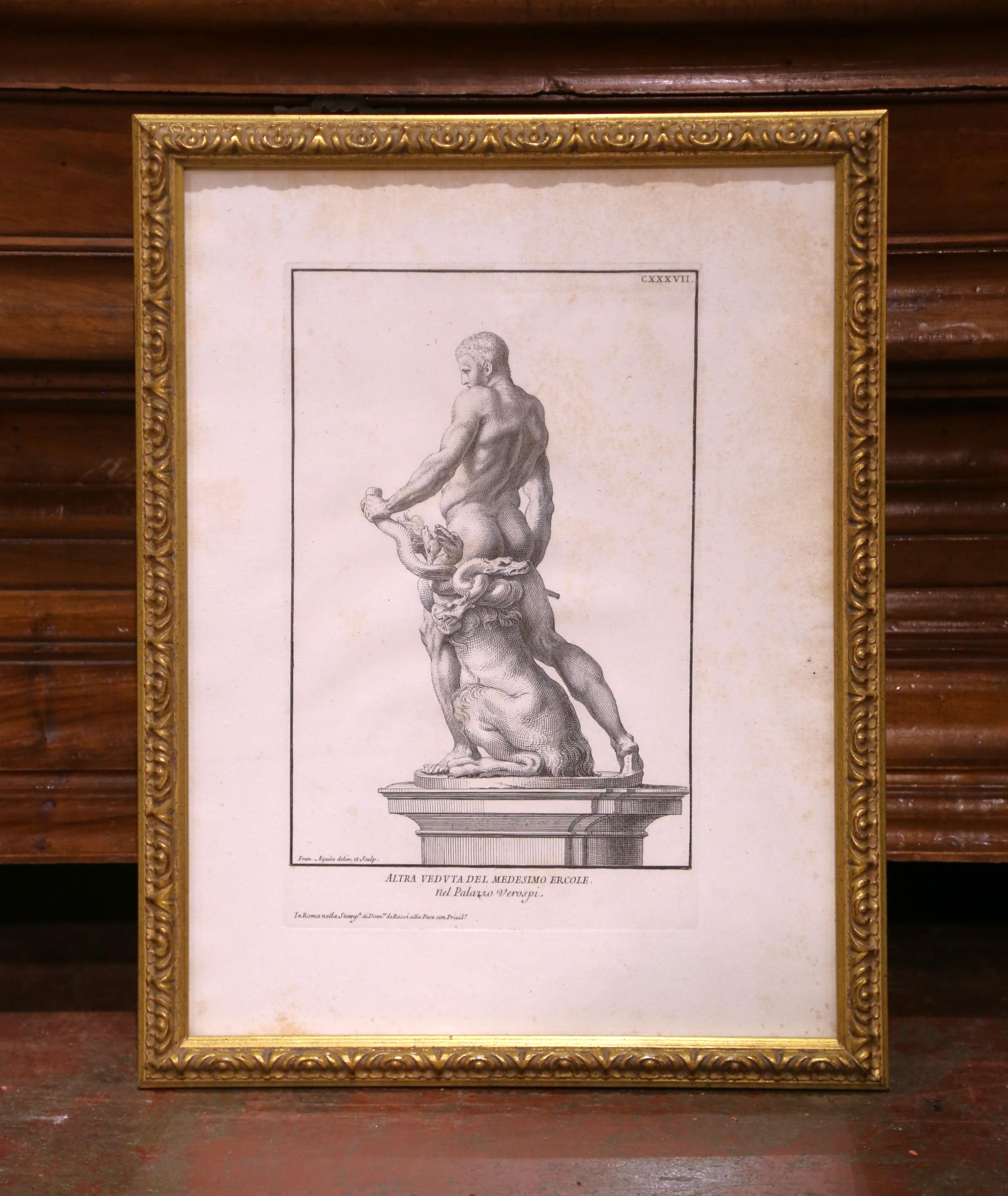 Set von 3 italienischen gerahmten neoklassizistischen Herkules-Statuen-Gravuren, 18. Jahrhundert (Vergoldet) im Angebot