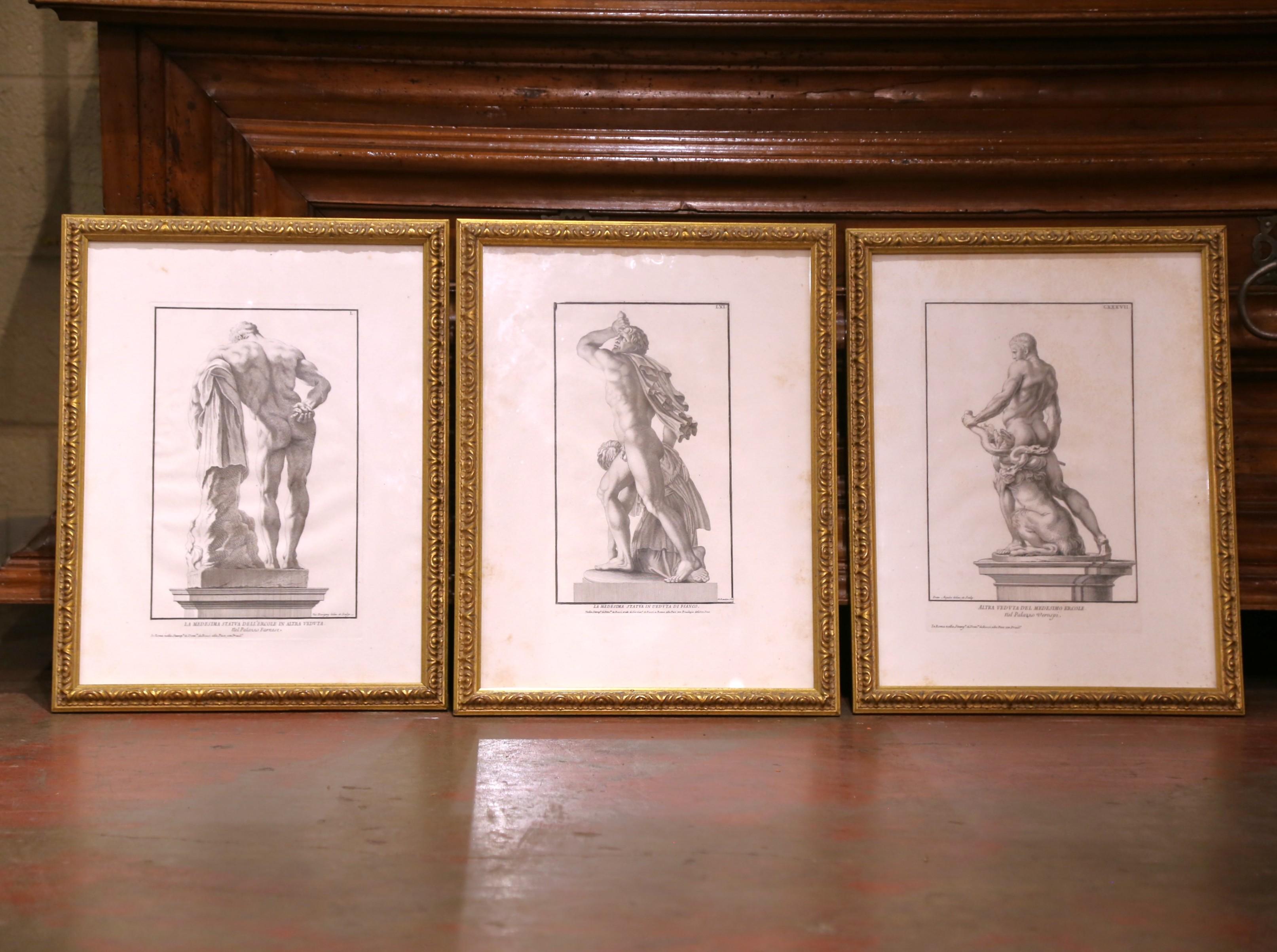 Set von 3 italienischen gerahmten neoklassizistischen Herkules-Statuen-Gravuren, 18. Jahrhundert im Zustand „Hervorragend“ im Angebot in Dallas, TX
