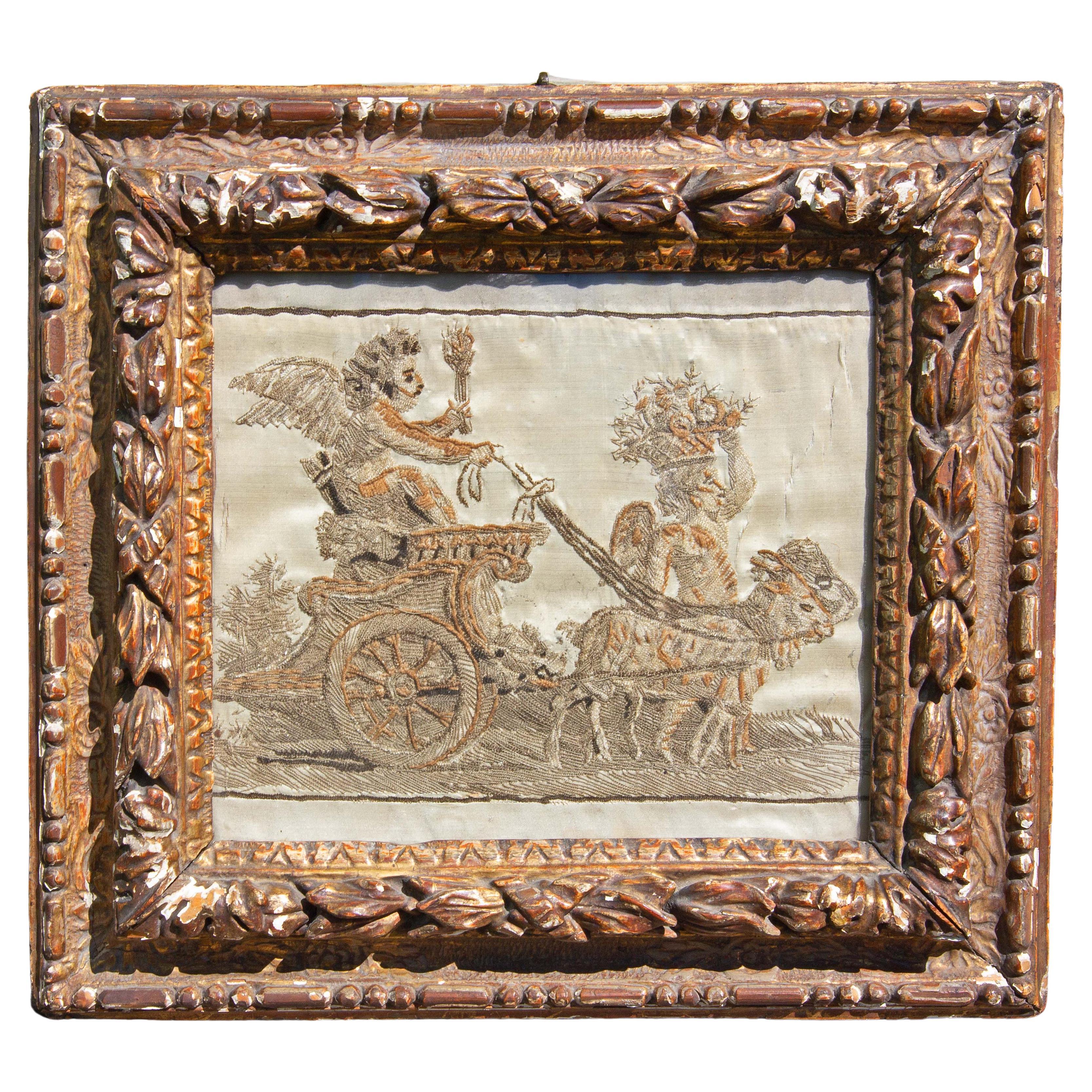 18th Century Italian Framed Silk Embroidery of a Cherub Riding a Chariot