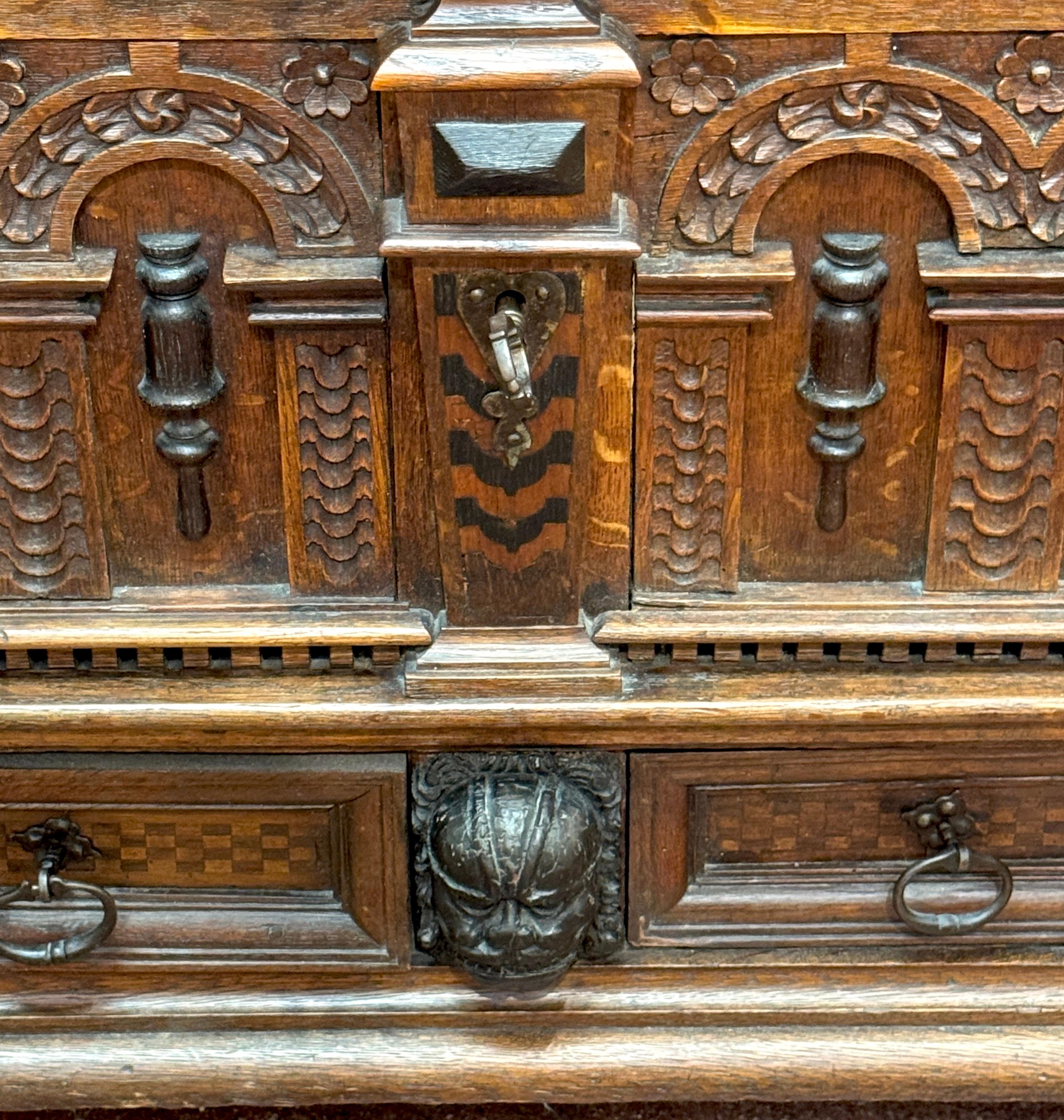 18th Century Italian/ French Renaissance Revival Lion & Inlay Strongbox Chest For Sale 4