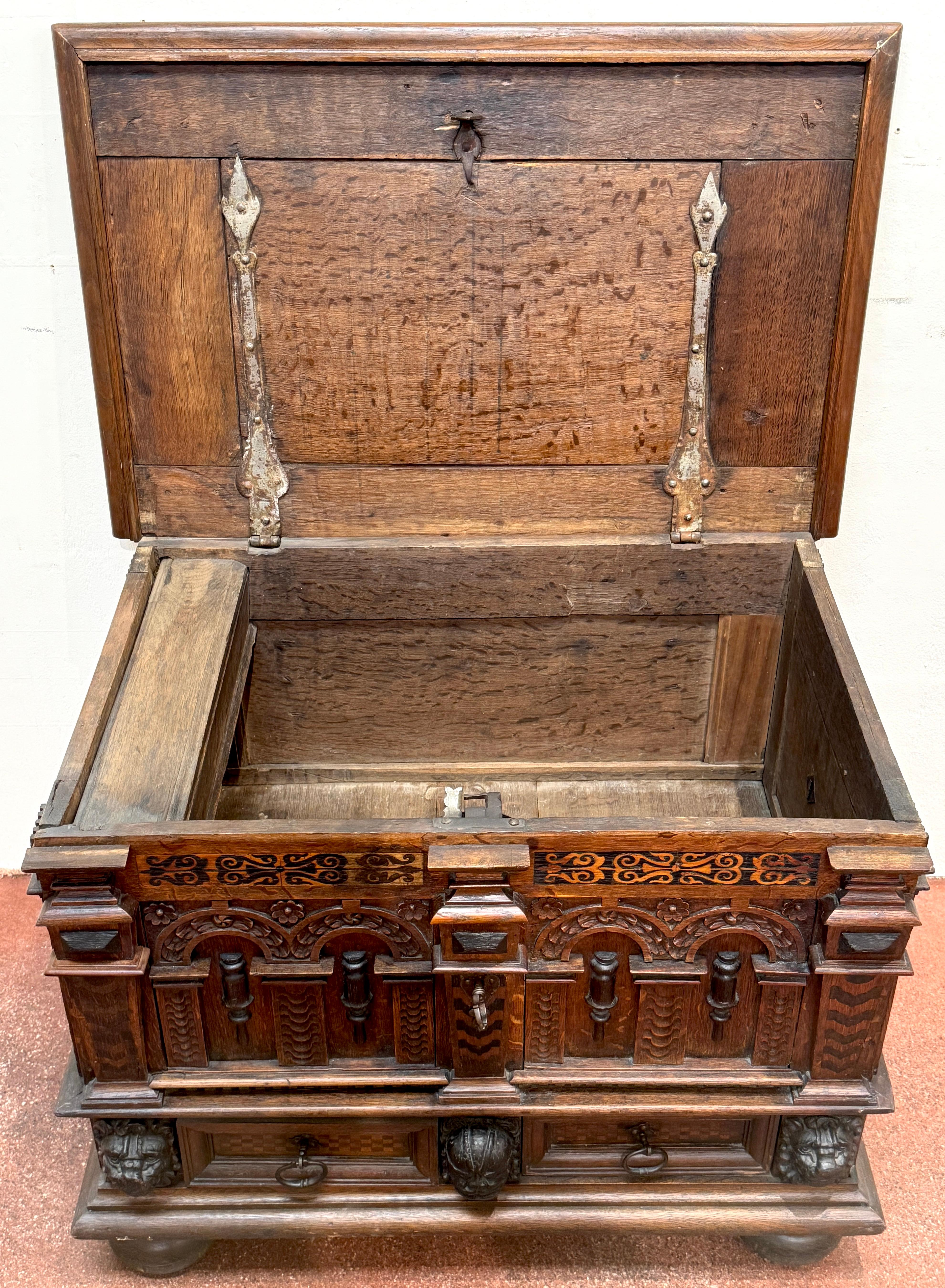 18th Century Italian/ French Renaissance Revival Lion & Inlay Strongbox Chest For Sale 5