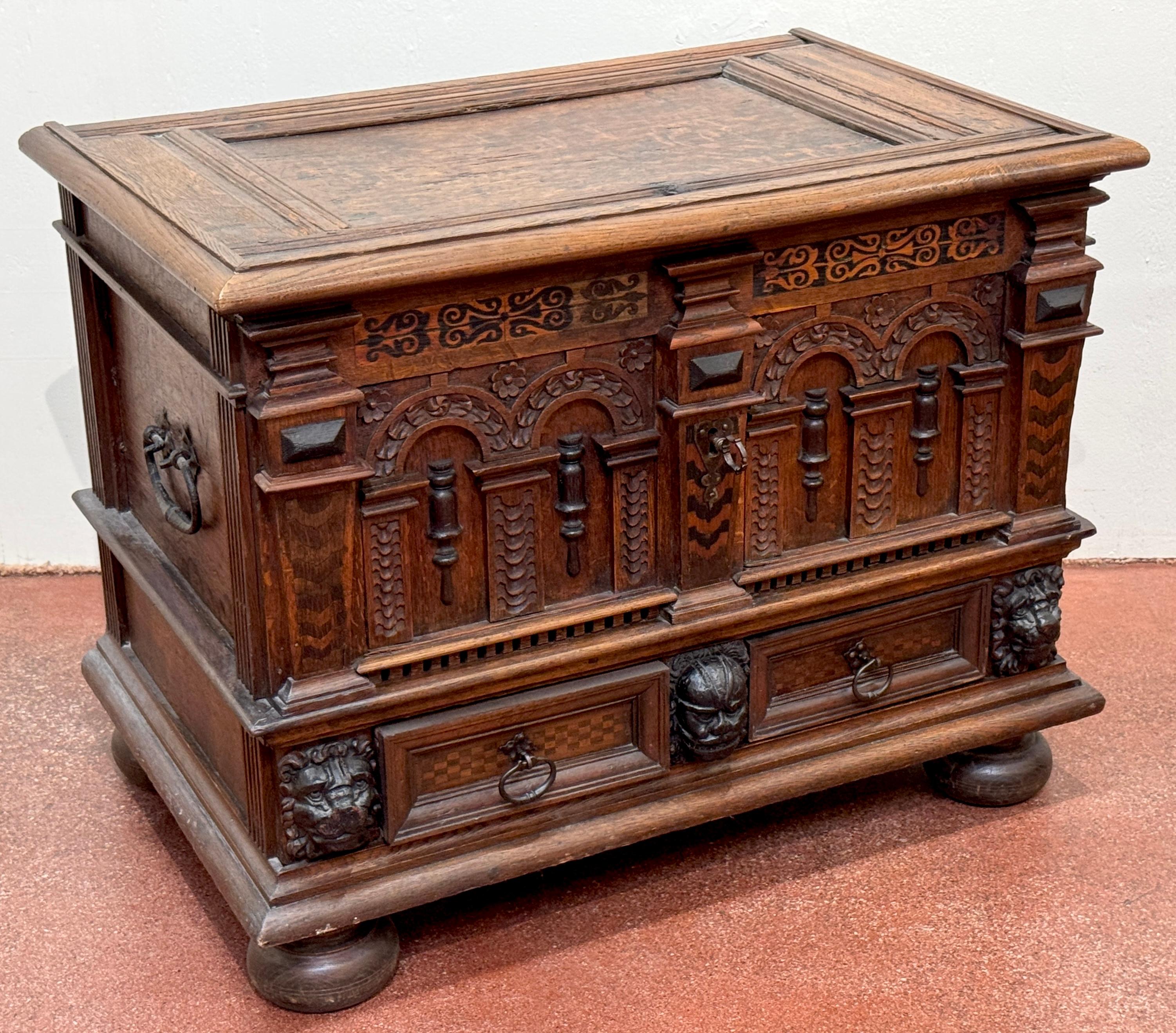 18th Century Italian/ French Renaissance Revival Lion & Inlay Strongbox Chest For Sale 13