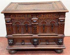 18th Century Italian/ French Renaissance Revival Lion & Inlay Strongbox Chest