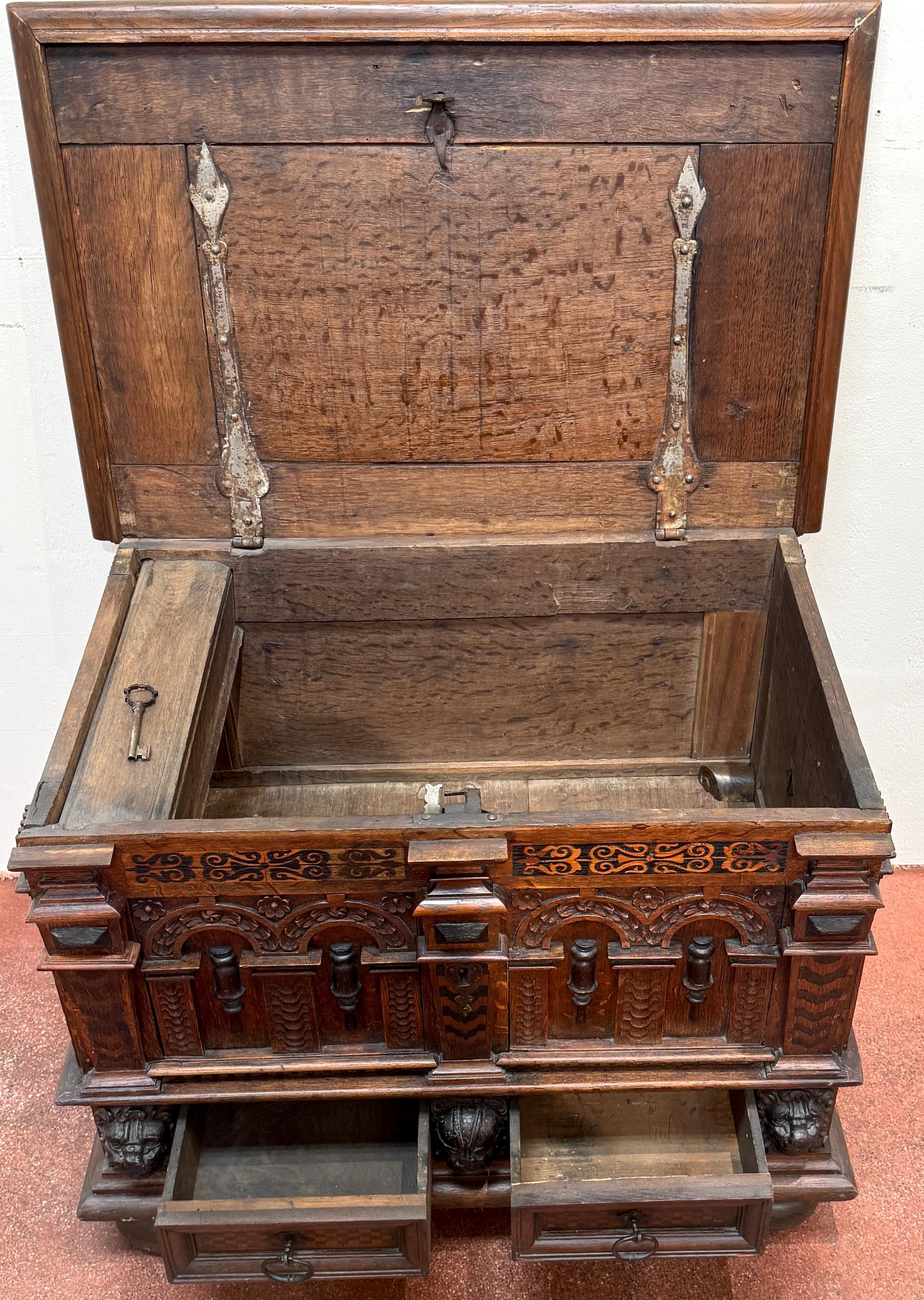 18th Century and Earlier 18th Century Italian/ French Renaissance Revival Lion & Inlay Strongbox Chest For Sale
