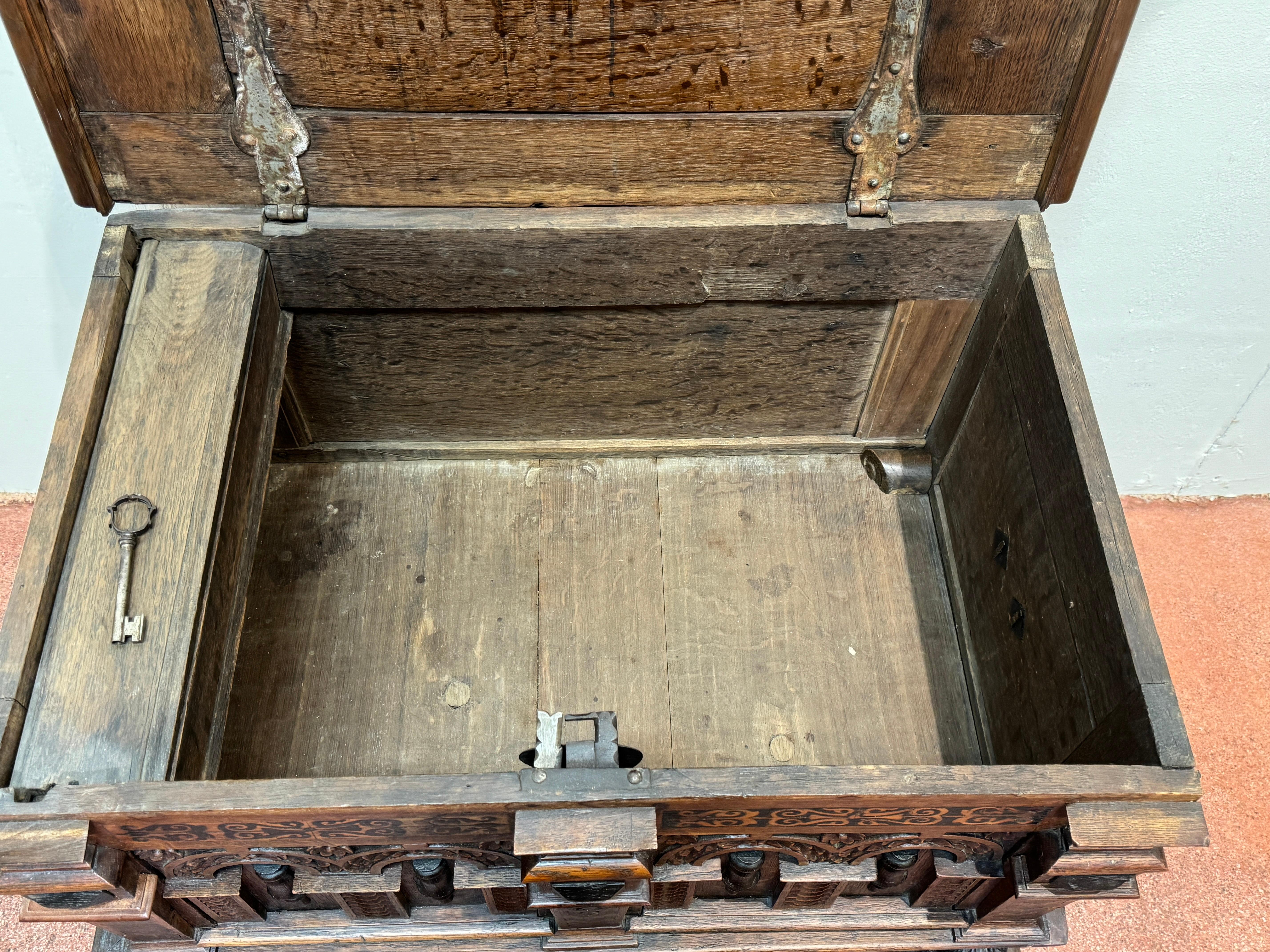 Iron 18th Century Italian/ French Renaissance Revival Lion & Inlay Strongbox Chest For Sale