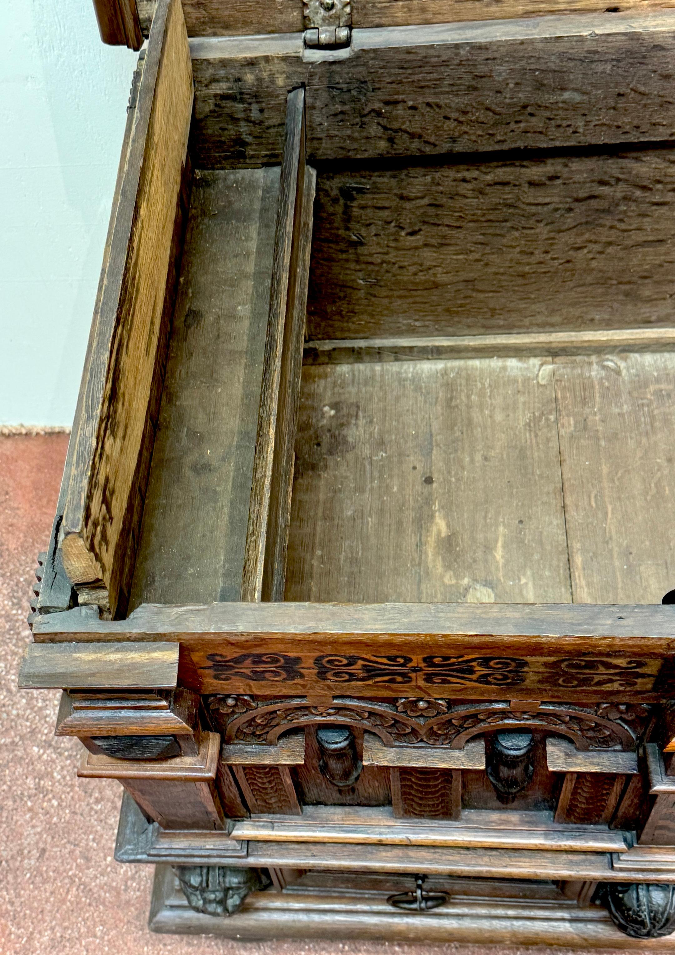 18th Century Italian/ French Renaissance Revival Lion & Inlay Strongbox Chest For Sale 3