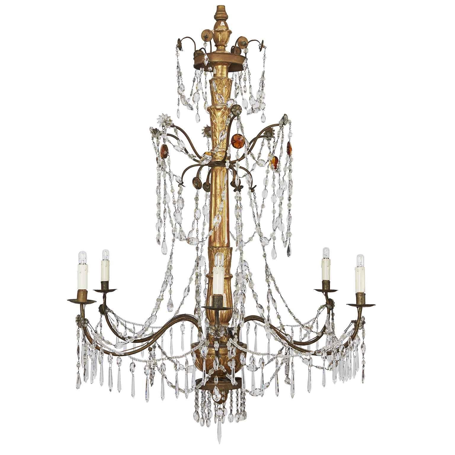18th Century Italian Genoese Chandelier Empire Giltwood Crystal Pendant In Good Condition In Milan, IT