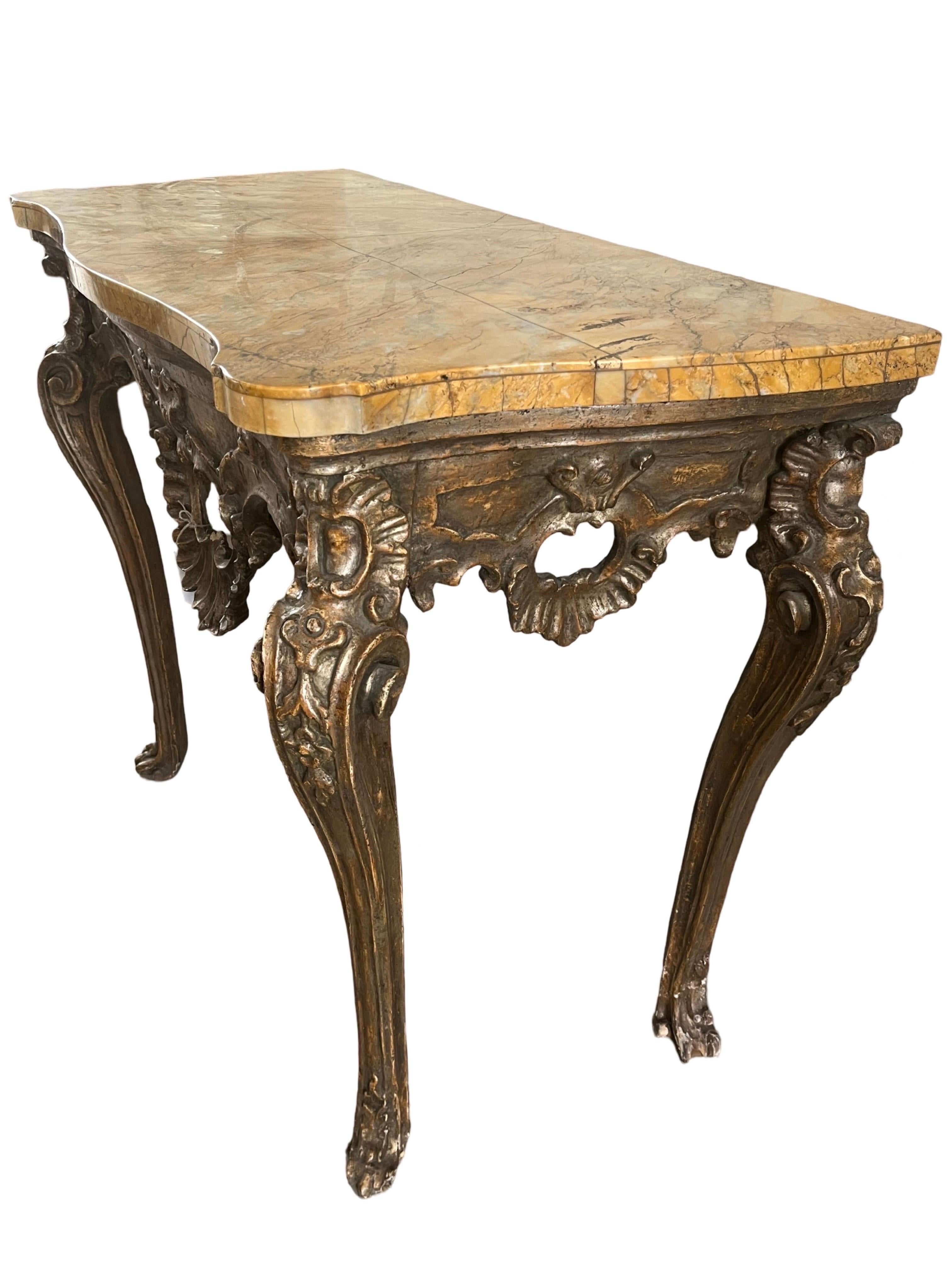 Hand-Carved 18th Century Italian Genovese Baroque Console With Siena Marble Top For Sale