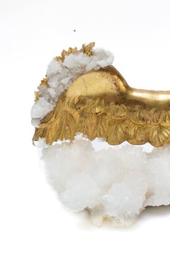 18th Century Italian Gilded Angel Wing with Crystal Quartz on an Aragonite Base