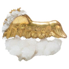 18th Century Italian Gilded Angel Wing with Crystal Quartz on an Aragonite Base