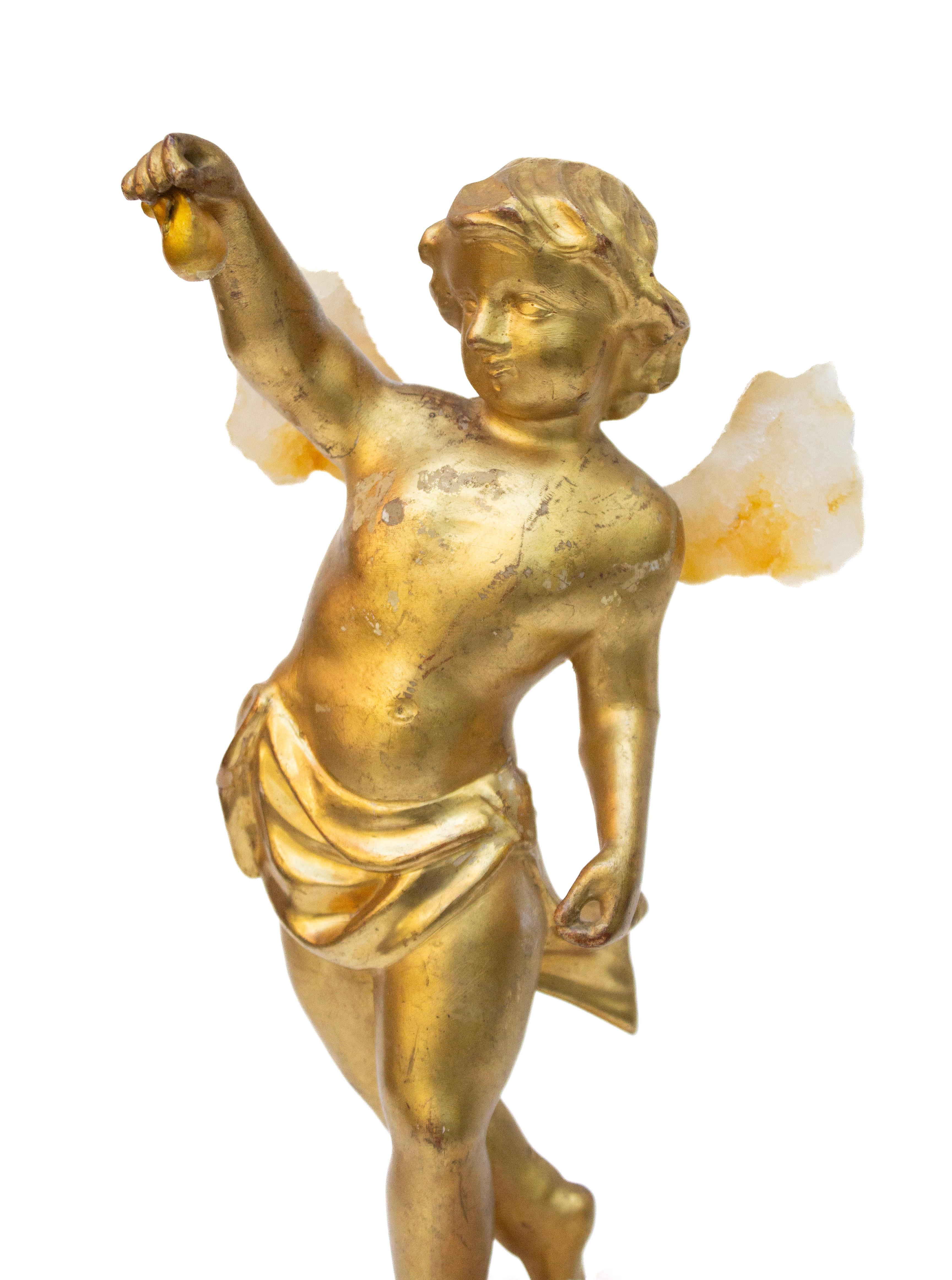 Rococò 18th Century Italian Gilded Angel with Fossil Agate Wings on Aragonite in vendita