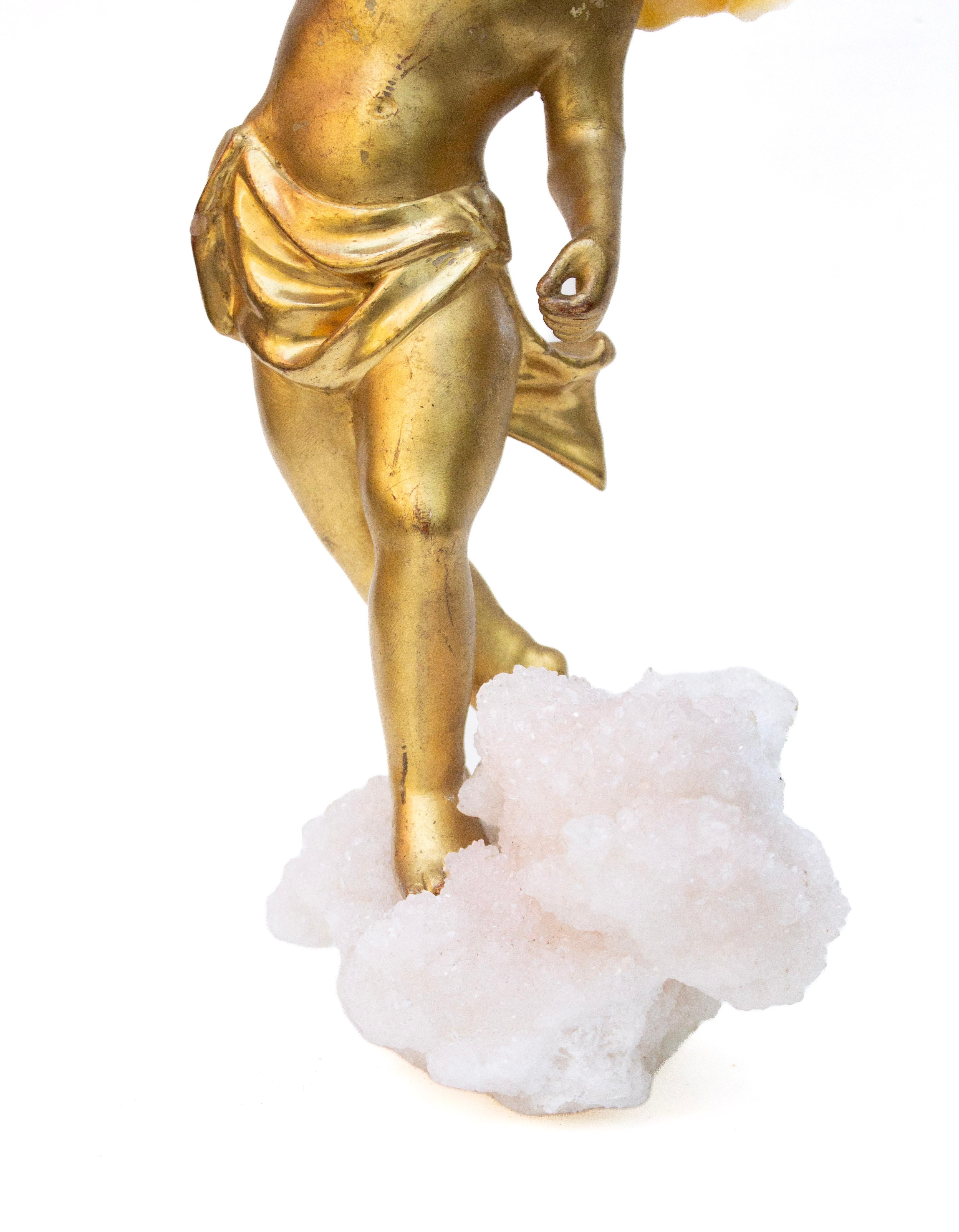 Italiano 18th Century Italian Gilded Angel with Fossil Agate Wings on Aragonite in vendita