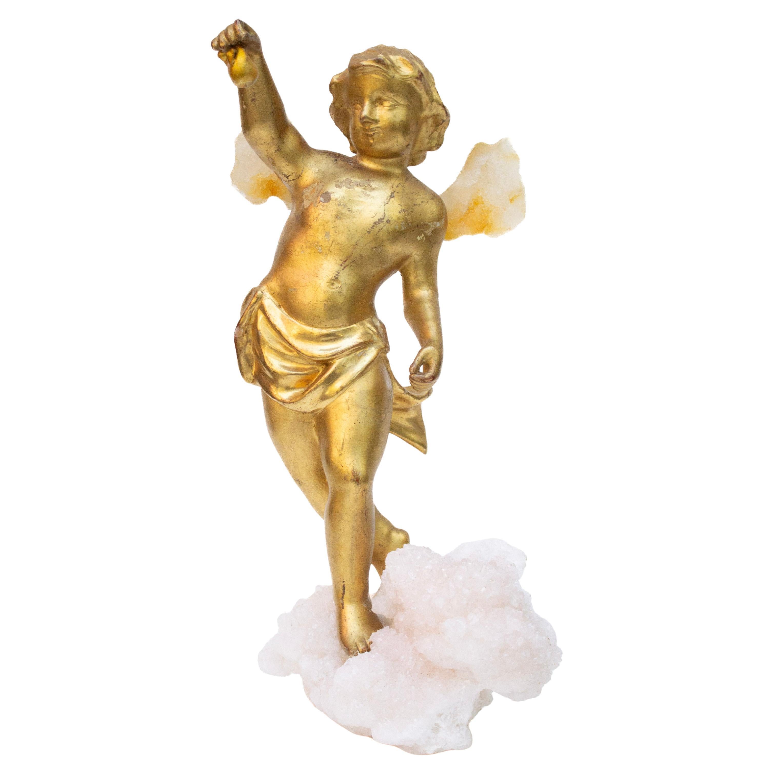 18th Century Italian Gilded Angel with Fossil Agate Wings on Aragonite
