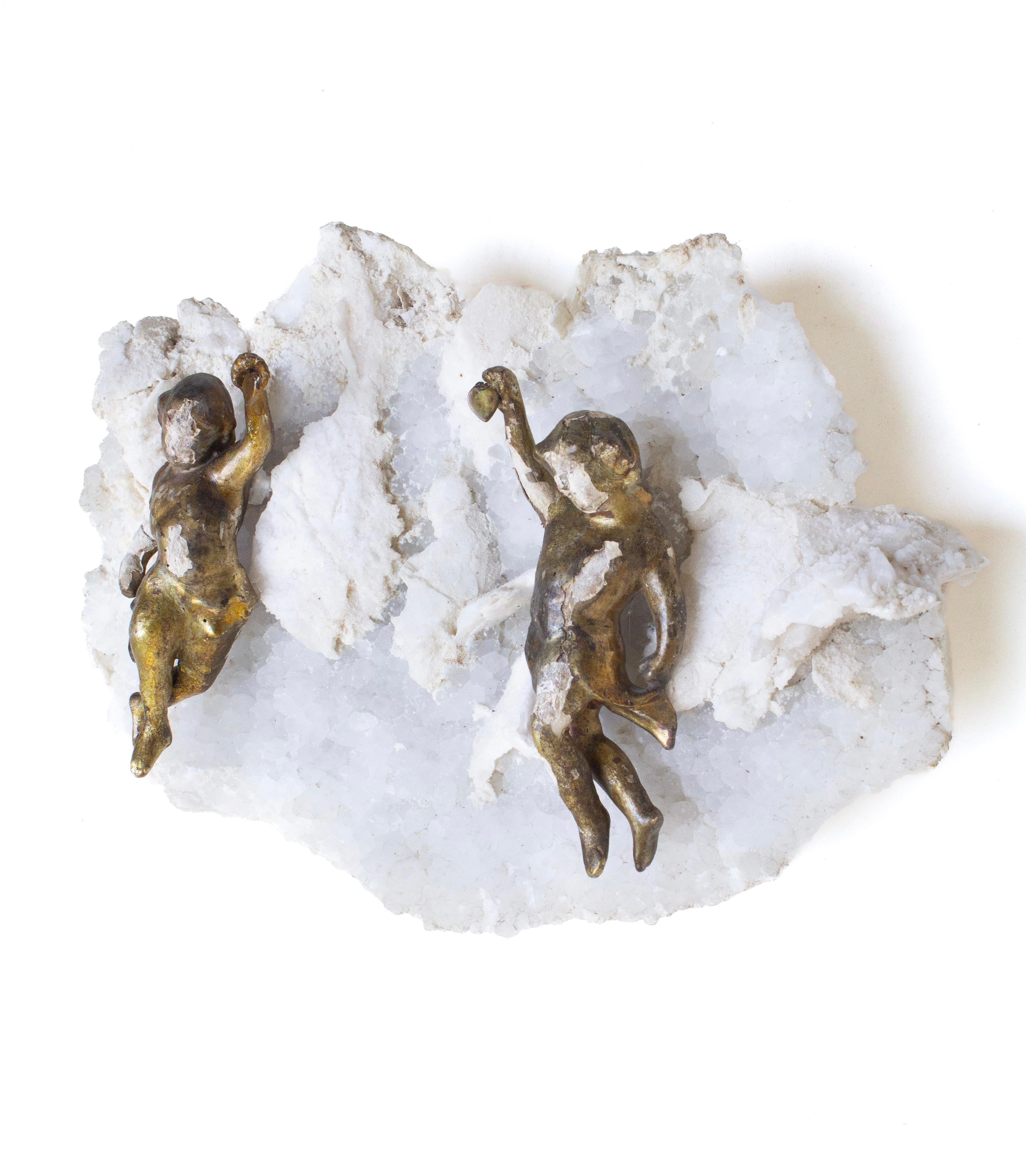 Rococo 18th Century Italian Gilded Angels on Amethyst and Calcite in Matrix For Sale