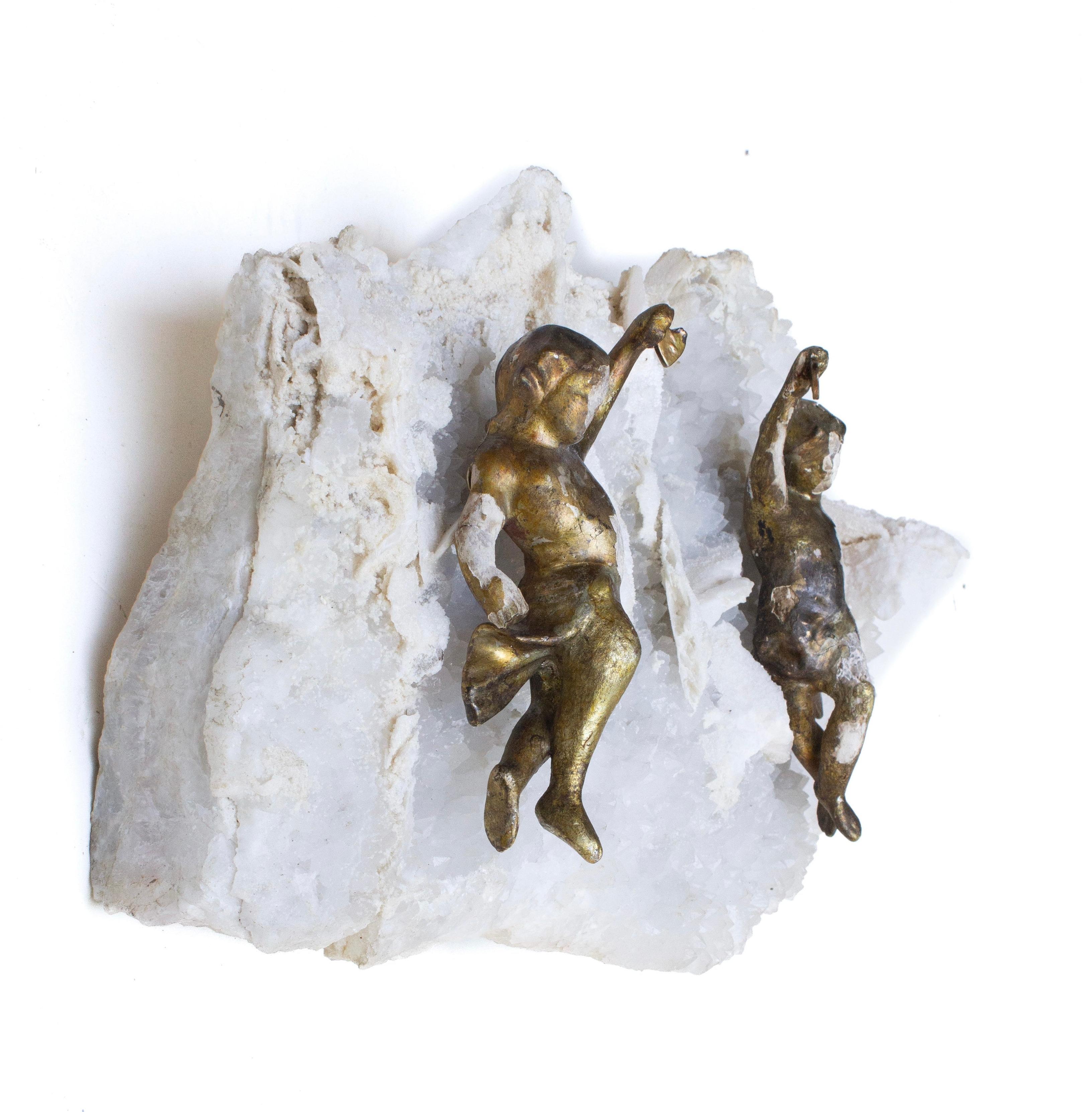 Hand-Carved 18th Century Italian Gilded Angels on Amethyst and Calcite in Matrix For Sale