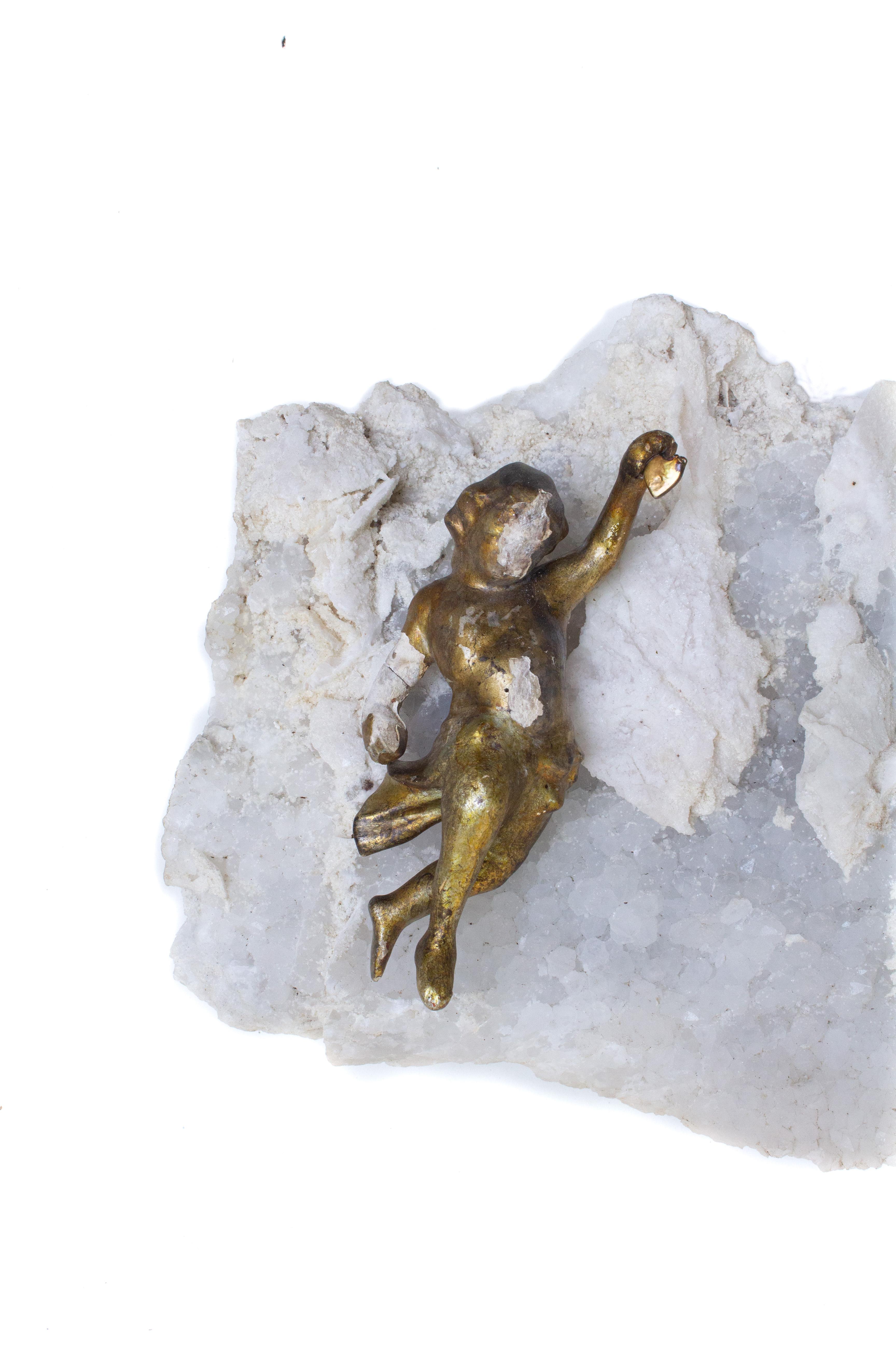 18th Century and Earlier 18th Century Italian Gilded Angels on Amethyst and Calcite in Matrix For Sale