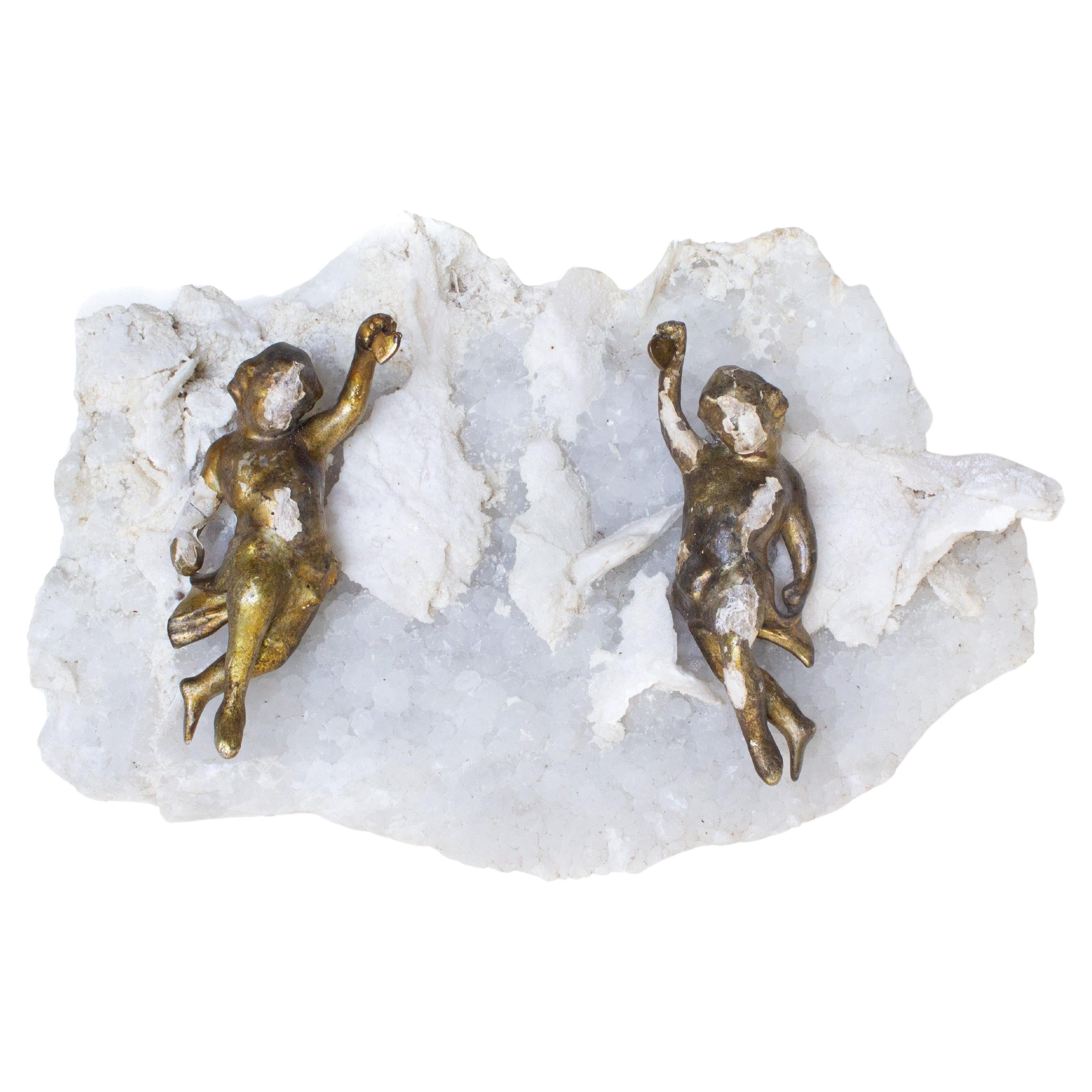 18th Century Italian Gilded Angels on Amethyst and Calcite in Matrix