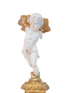 18th Century Italian Gilded Base with Plaster Cherub and Polished Agate Coral