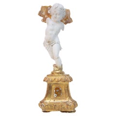 18th Century Italian Gilded Base with Plaster Cherub and Polished Agate Coral