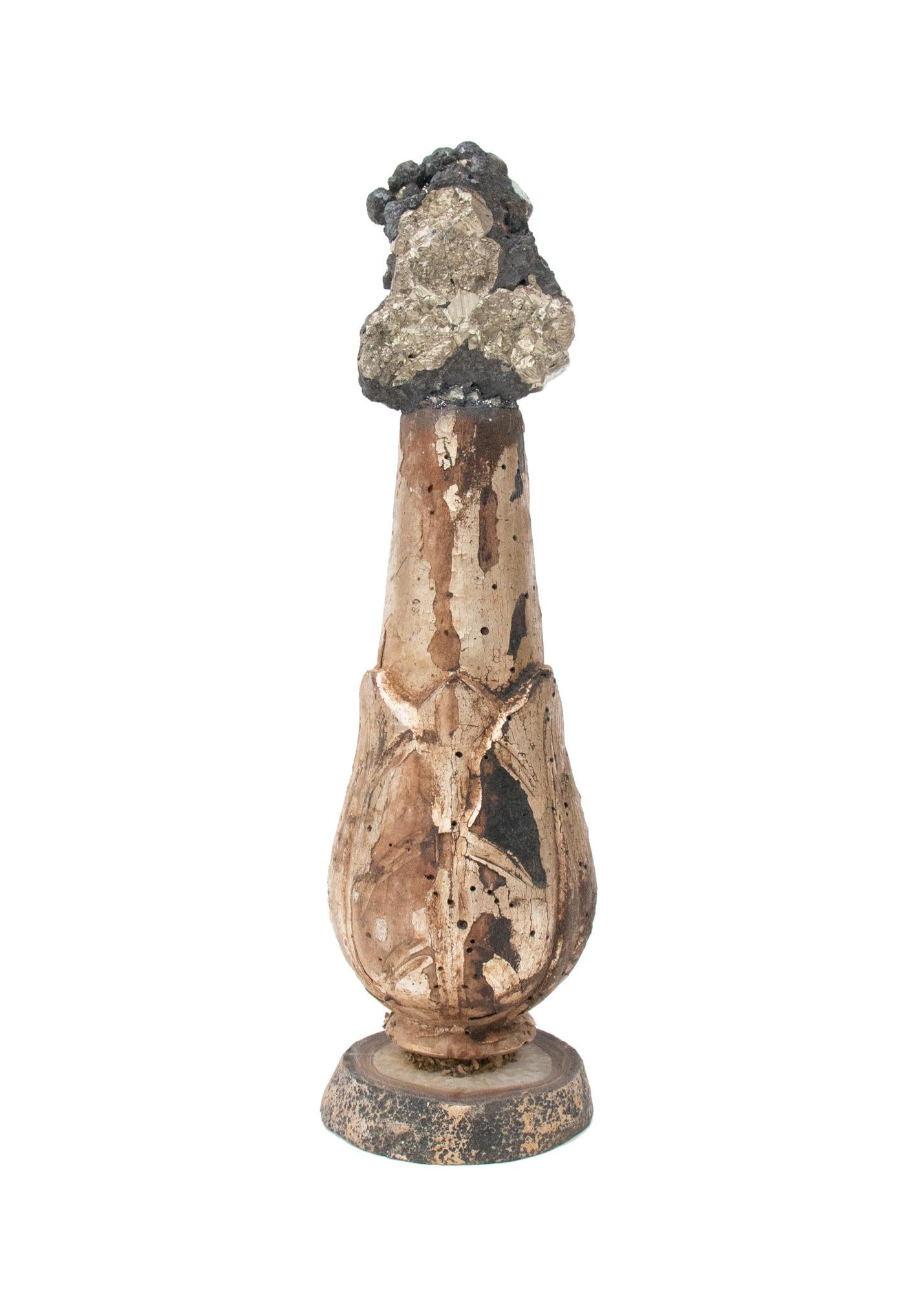 18th Century Italian Gilded Candlestick Fragment with Pyrite in Matrix on Agate In Good Condition For Sale In Dublin, Dalkey