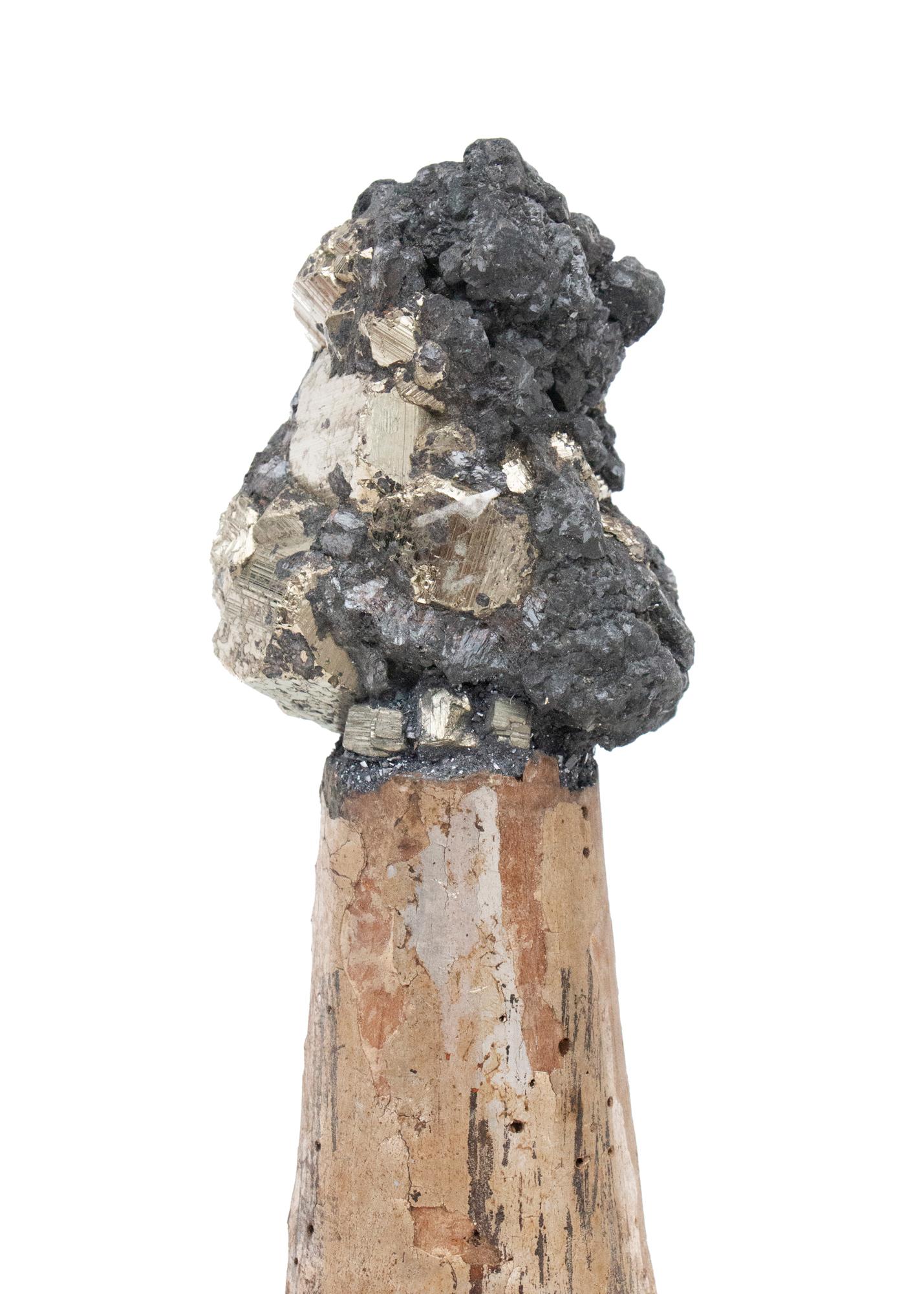 Rococo 18th Century Italian Gilded Candlestick Fragment with Pyrite in Matrix on Agate For Sale