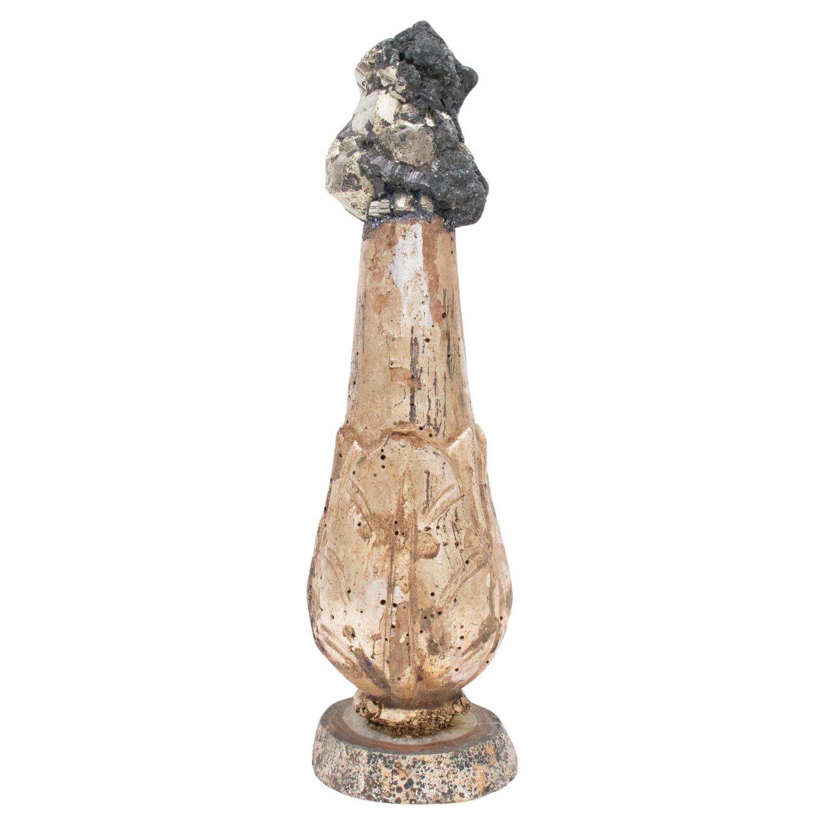 18th Century Italian Gilded Candlestick Fragment with Pyrite in Matrix on Agate