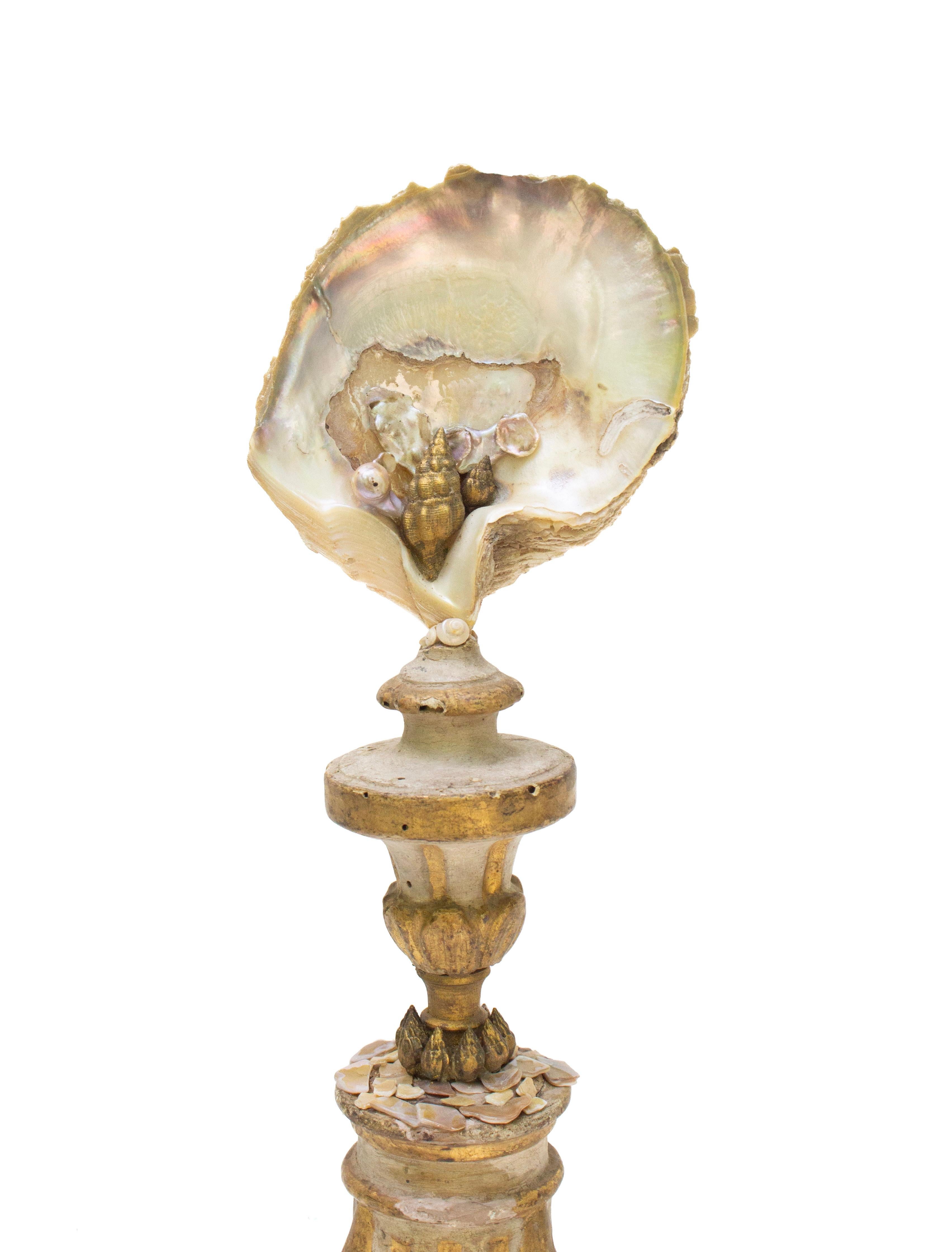 Rococo 18th Century Italian Gilded Candlestick with Pearlescent and Gold Shells For Sale