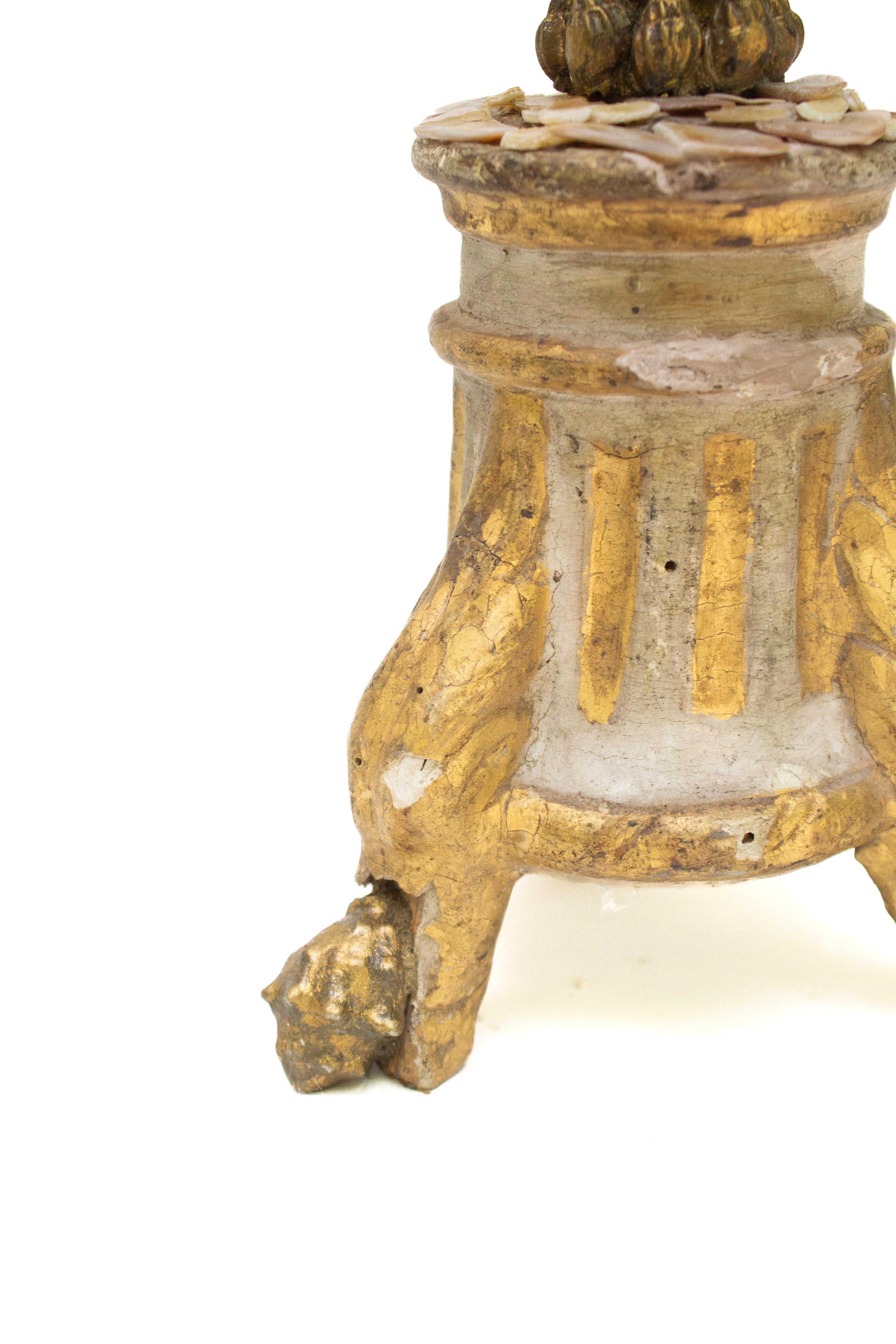 Polished 18th Century Italian Gilded Candlestick with Pearlescent and Gold Shells For Sale