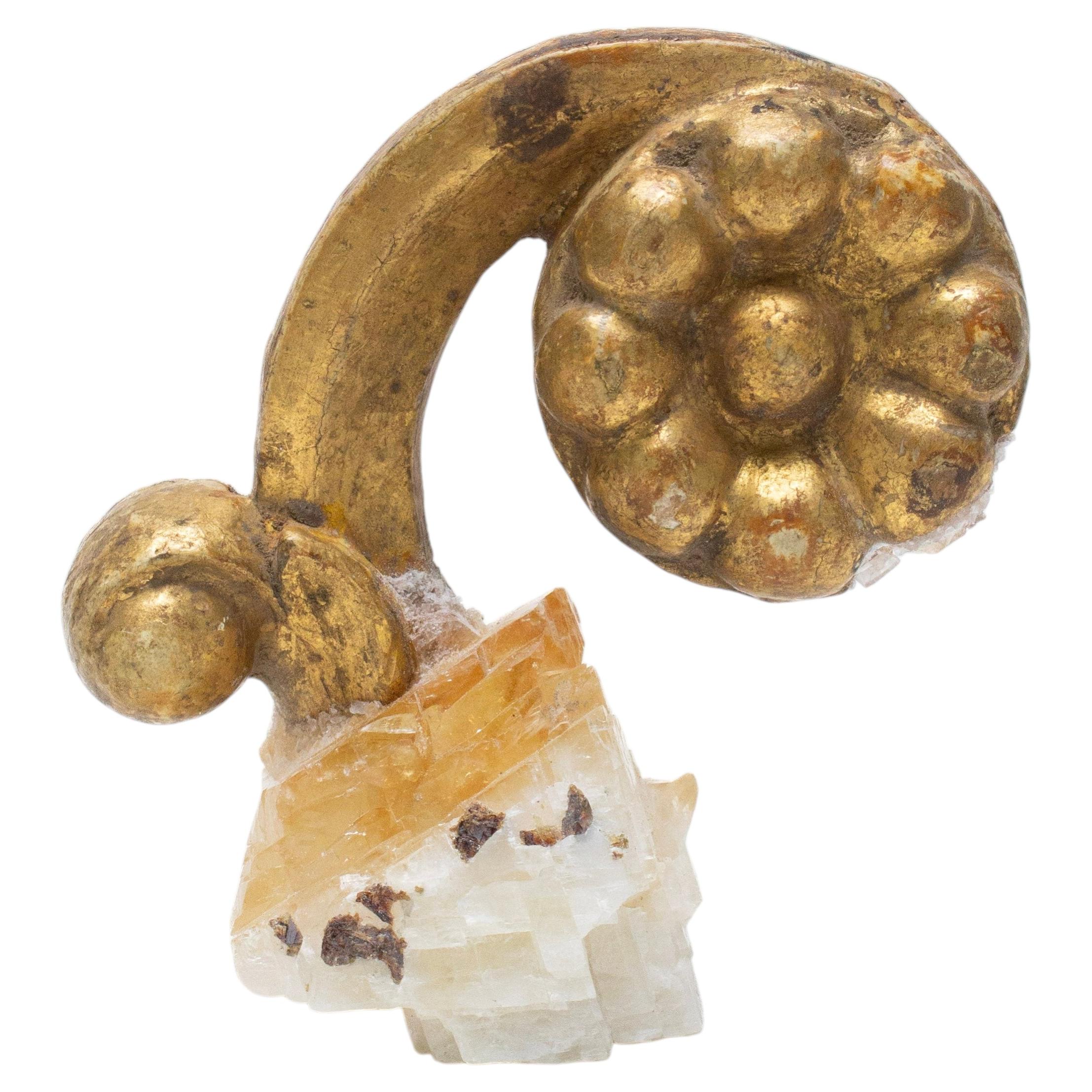 18th Century Italian Gilded Flower Fragment Mounted on Calcite Crystal For Sale