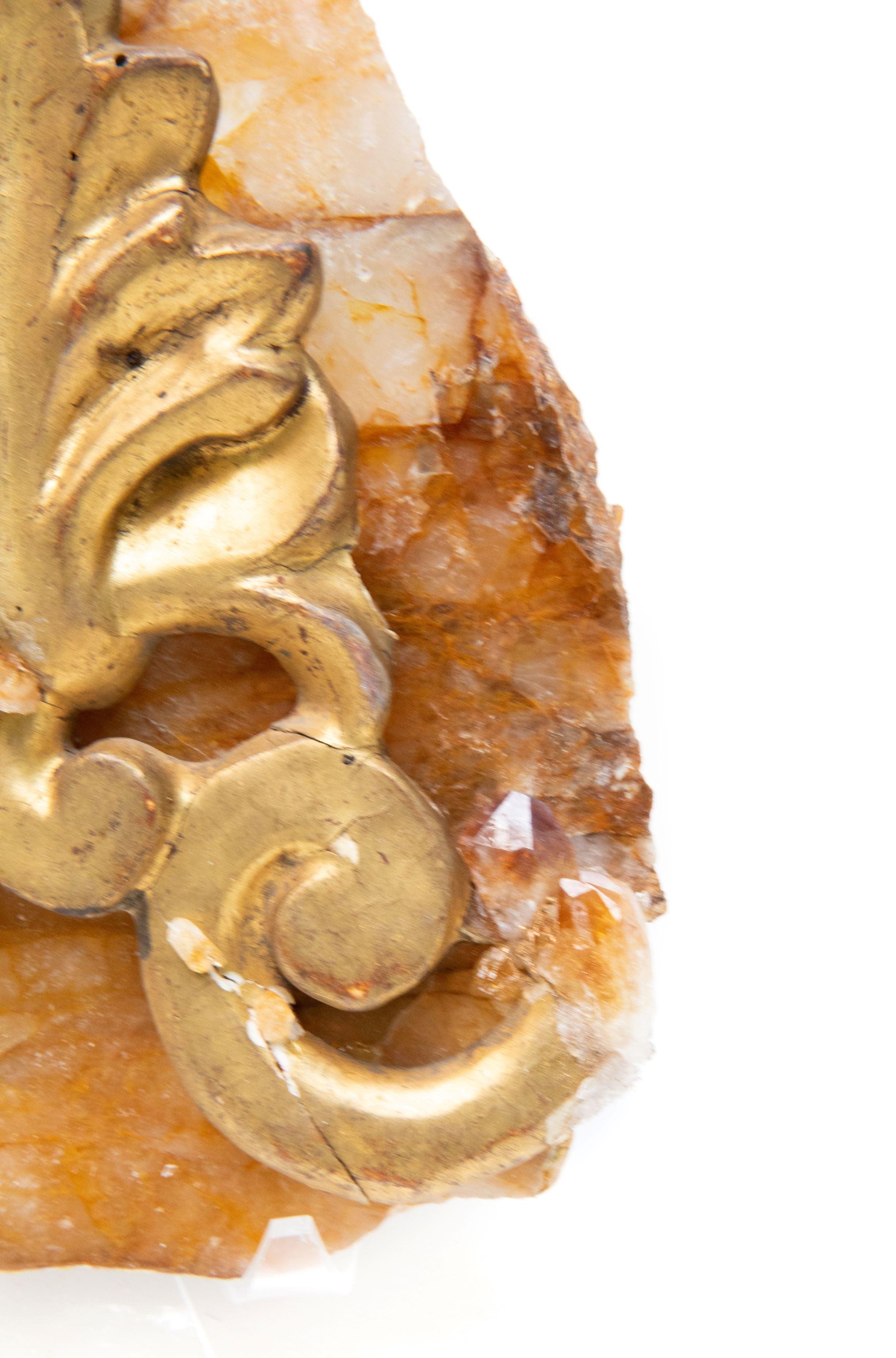 Rococo 18th Century Italian Gilded Fragment on a Hematoid Slab with Tangerine Crystals For Sale