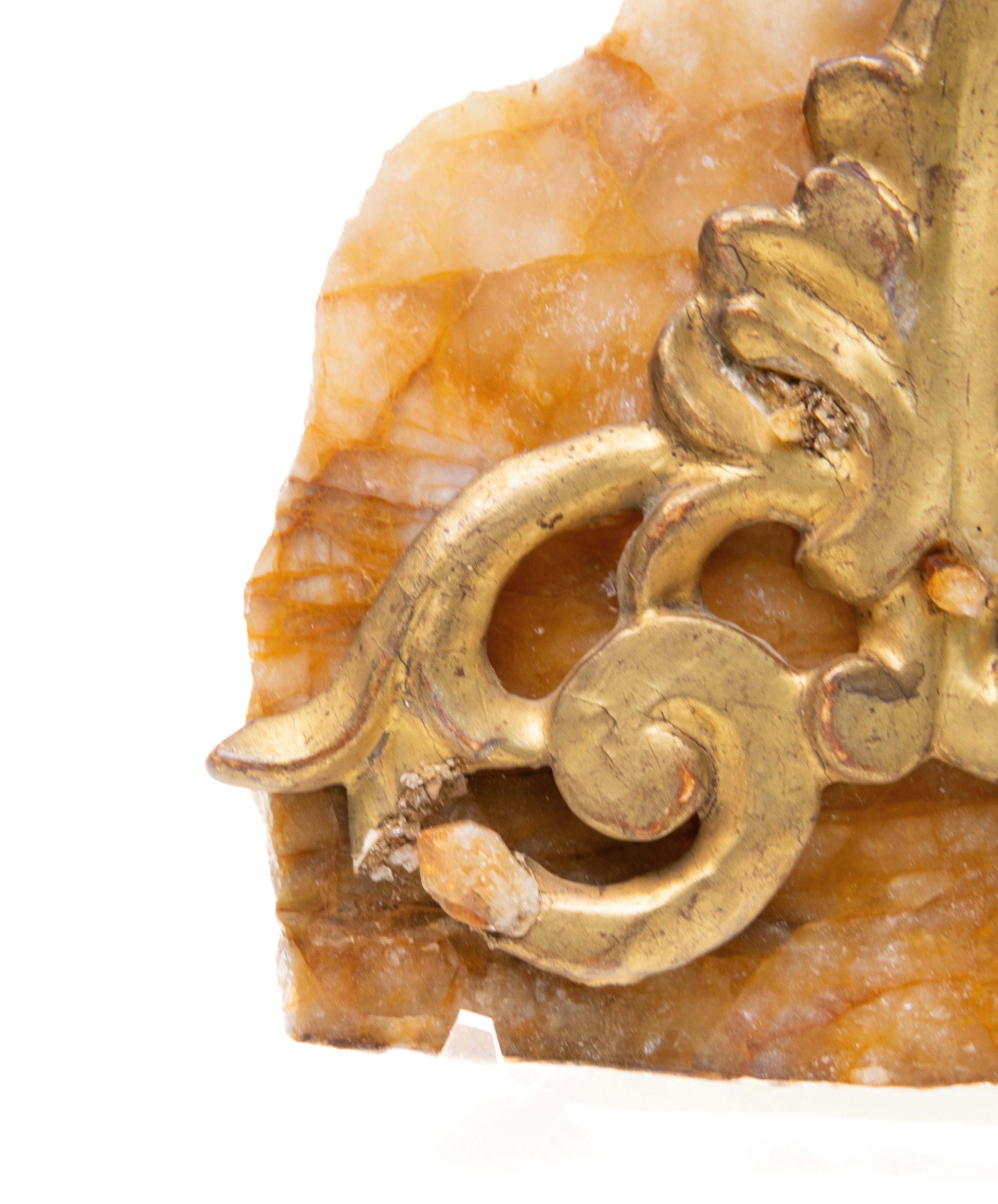 Hand-Carved 18th Century Italian Gilded Fragment on a Hematoid Slab with Tangerine Crystals For Sale